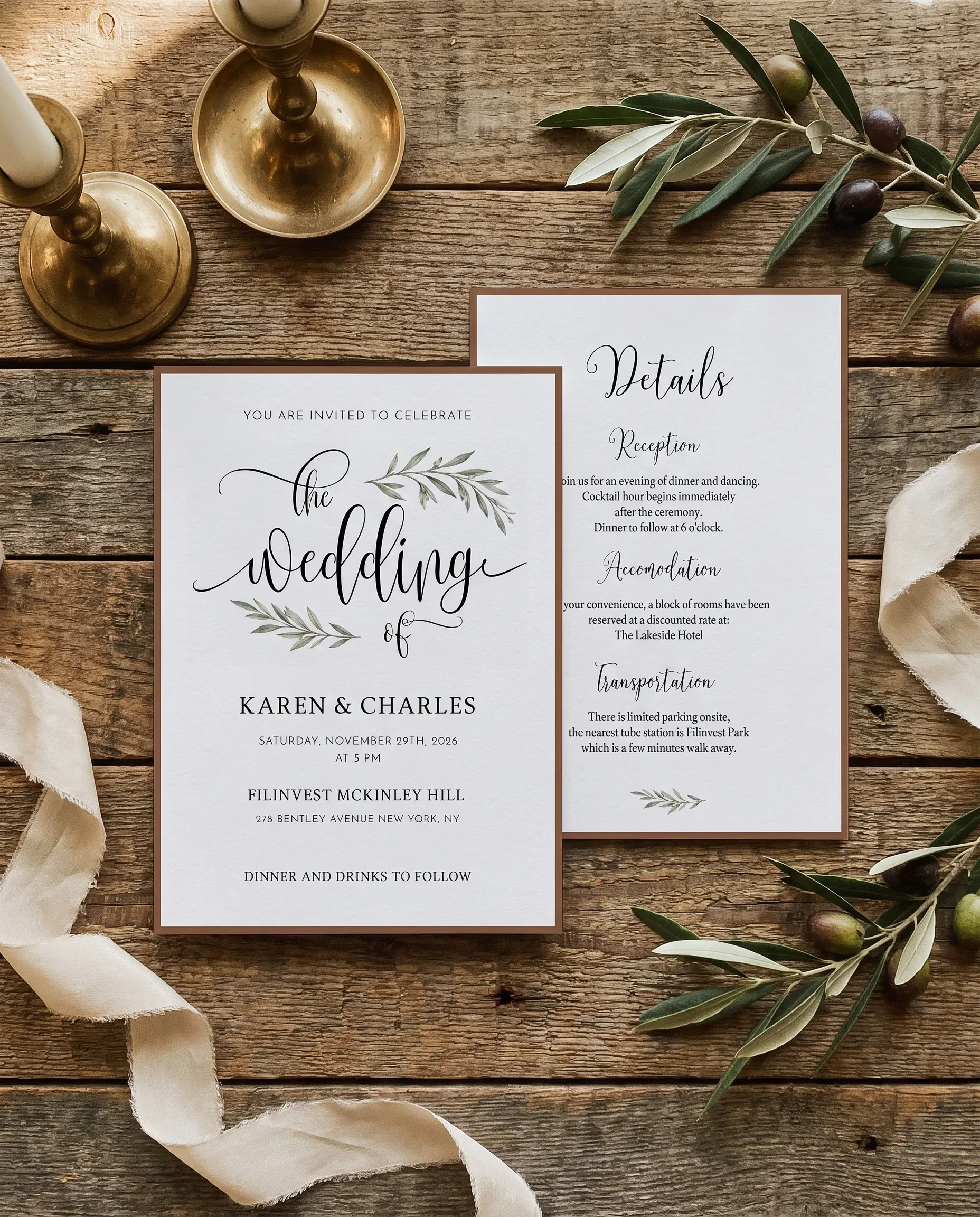 Olive Arc wedding invitation suite — invitation and details card arranged together in a flat lay under soft natural light, wedding details card.