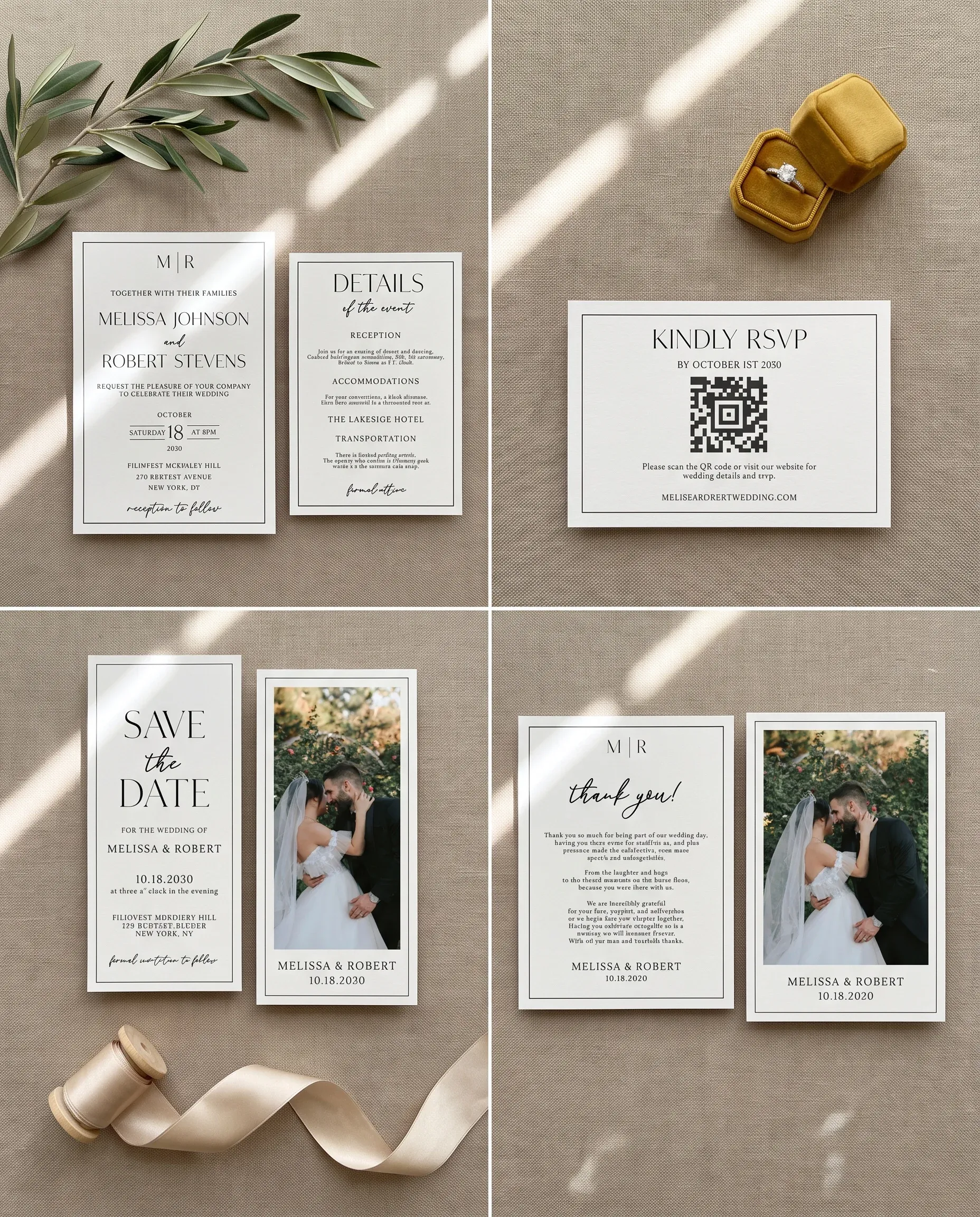 Aurelian wedding invitation set — invitation, details card, RSVP, save the date and thank you card in a flat lay, wedding invitation suite.