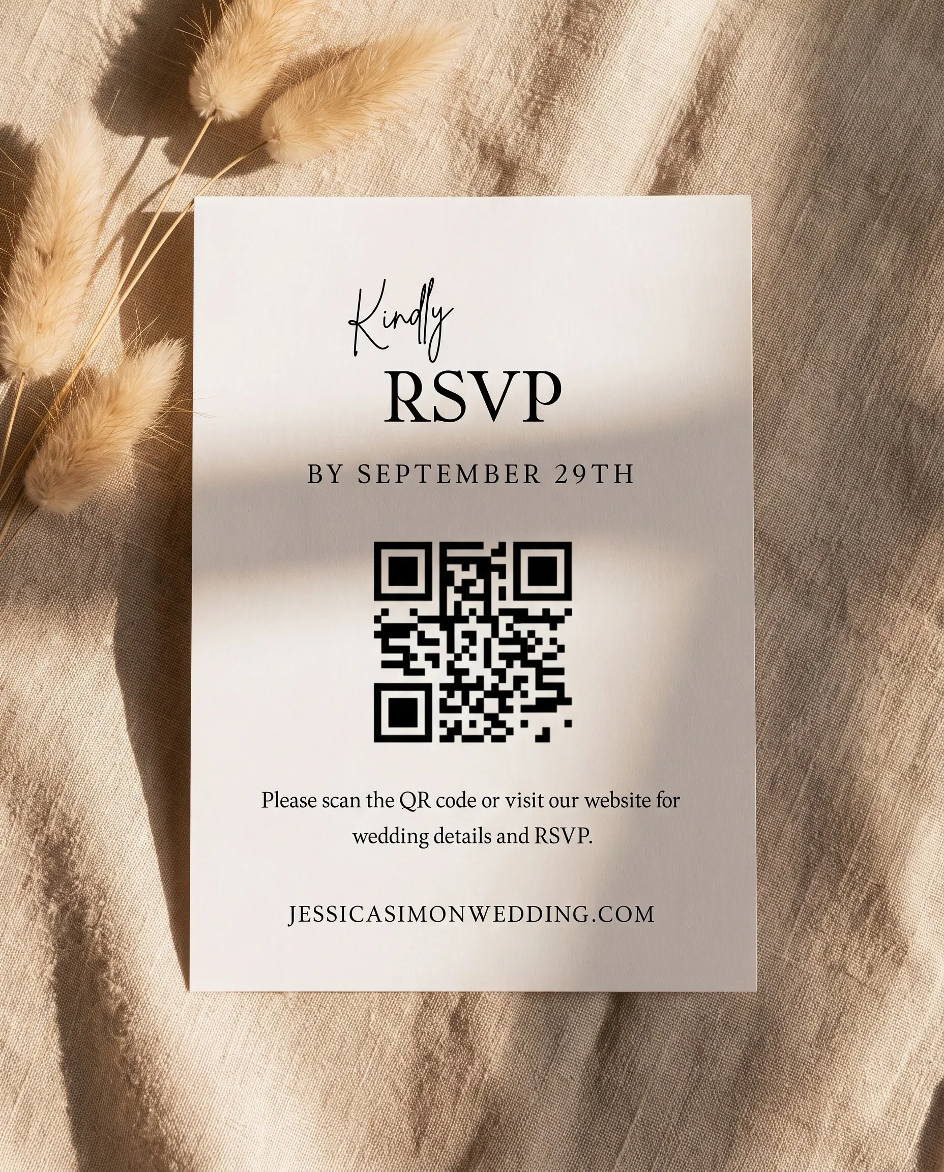 Arrowcrest wedding invitation suite — RSVP card shown in a flat lay under soft overhead light, wedding RSVP cards.