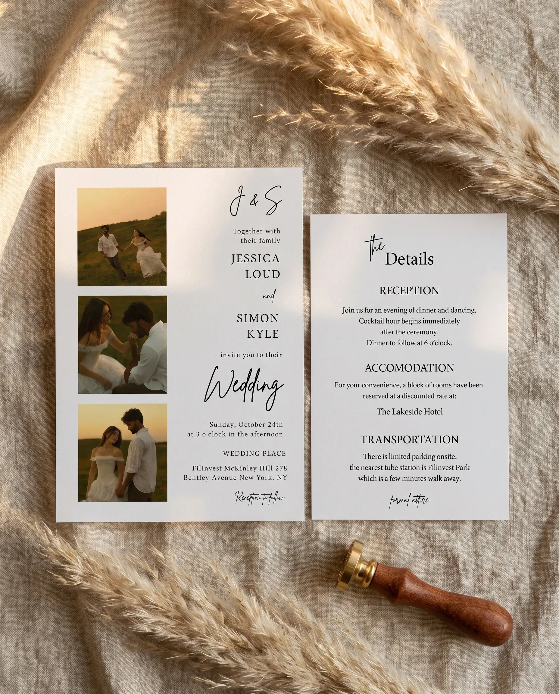 Arrowcrest wedding invitation suite — invitation and details card shown in a flat lay on premium paper, wedding details card.