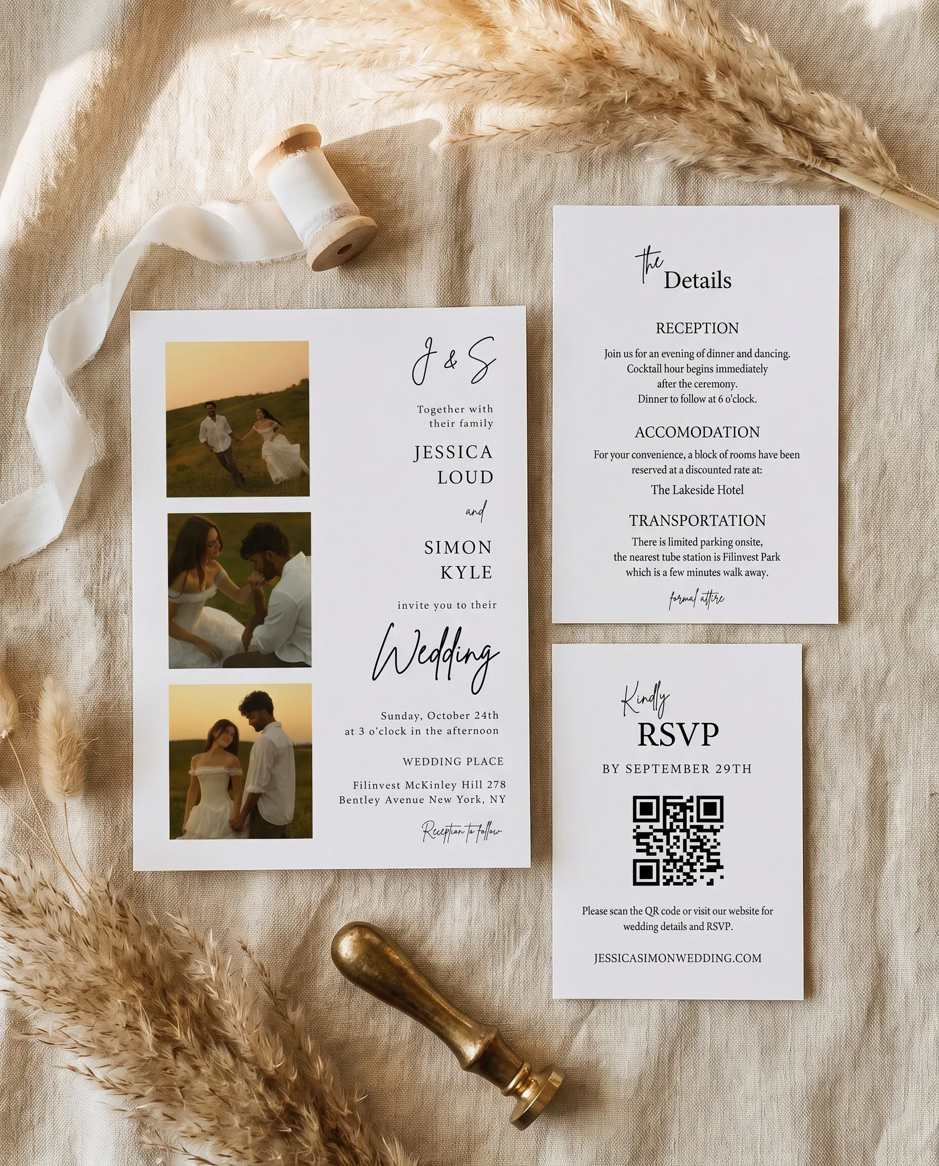 Arrowcrest wedding invitation suite — invitation, details card and RSVP shown in a flat lay under soft overhead light, wedding invitation templates