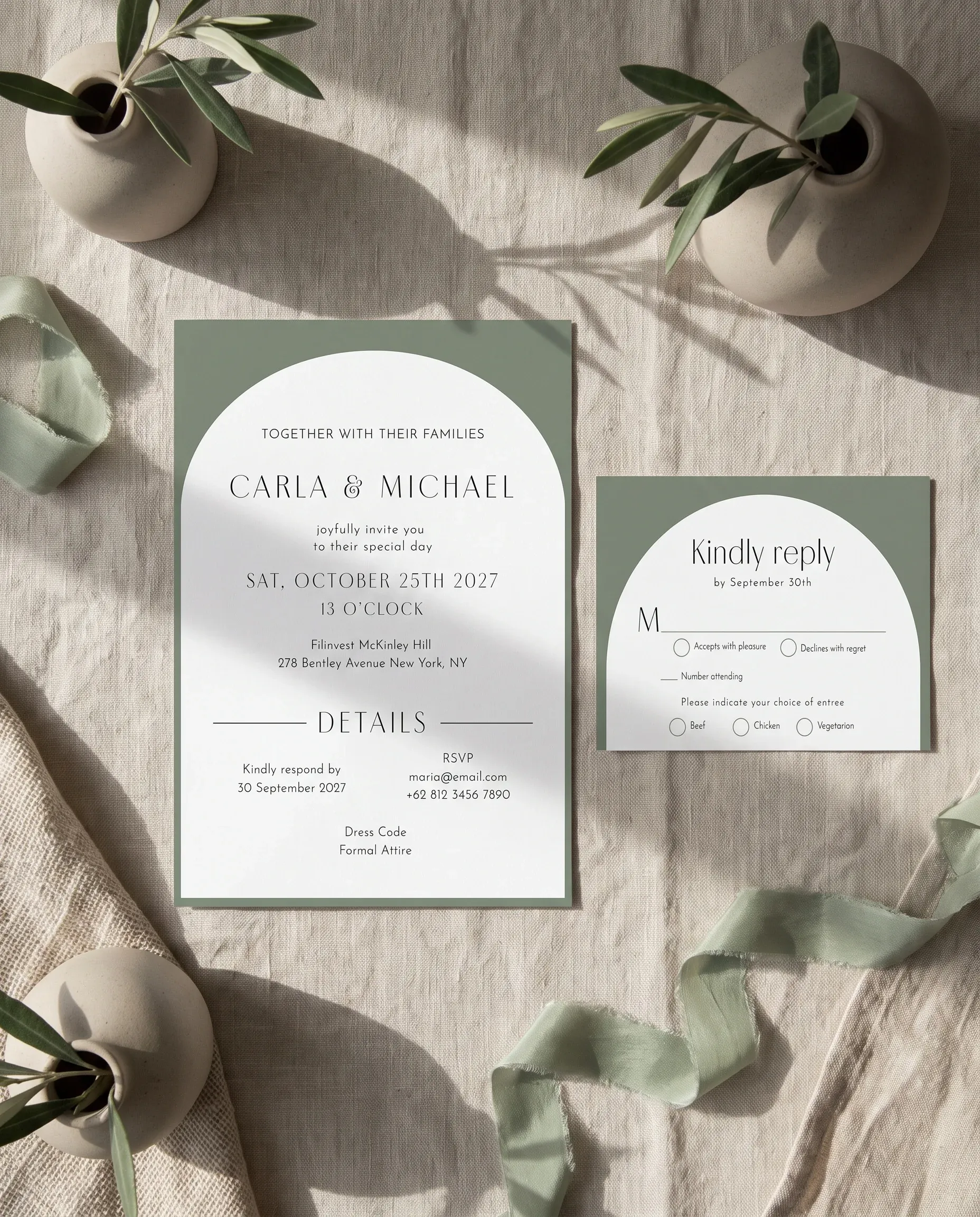 Arc Vale wedding invitation suite — invitation and details card shown in a flat lay, wedding details card.