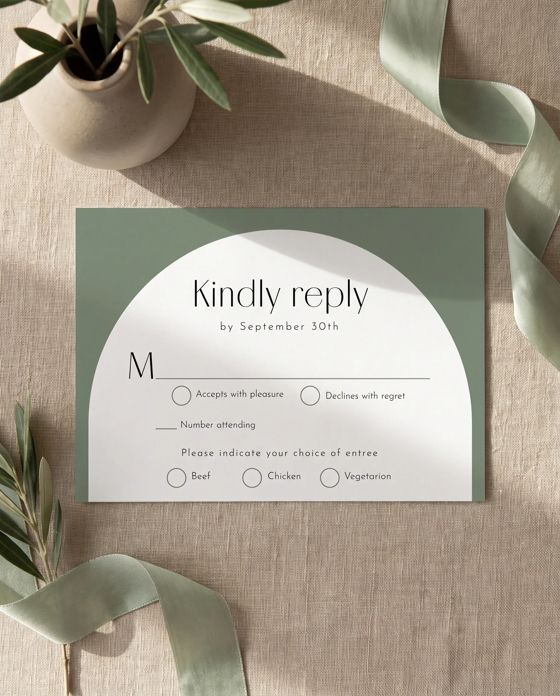 Arc Vale wedding invitation suite — invitation and details card shown in a flat lay, wedding details card.