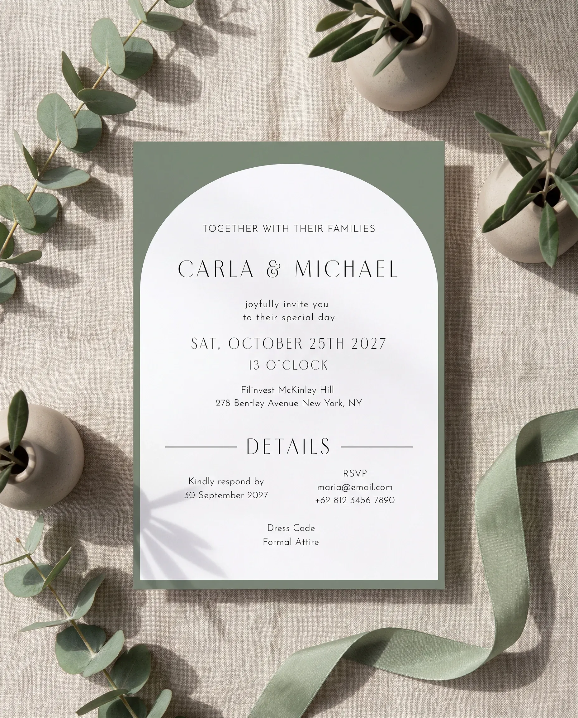 Arc Vale wedding invitation suite — invitation and details card shown in a flat lay, wedding details card.
