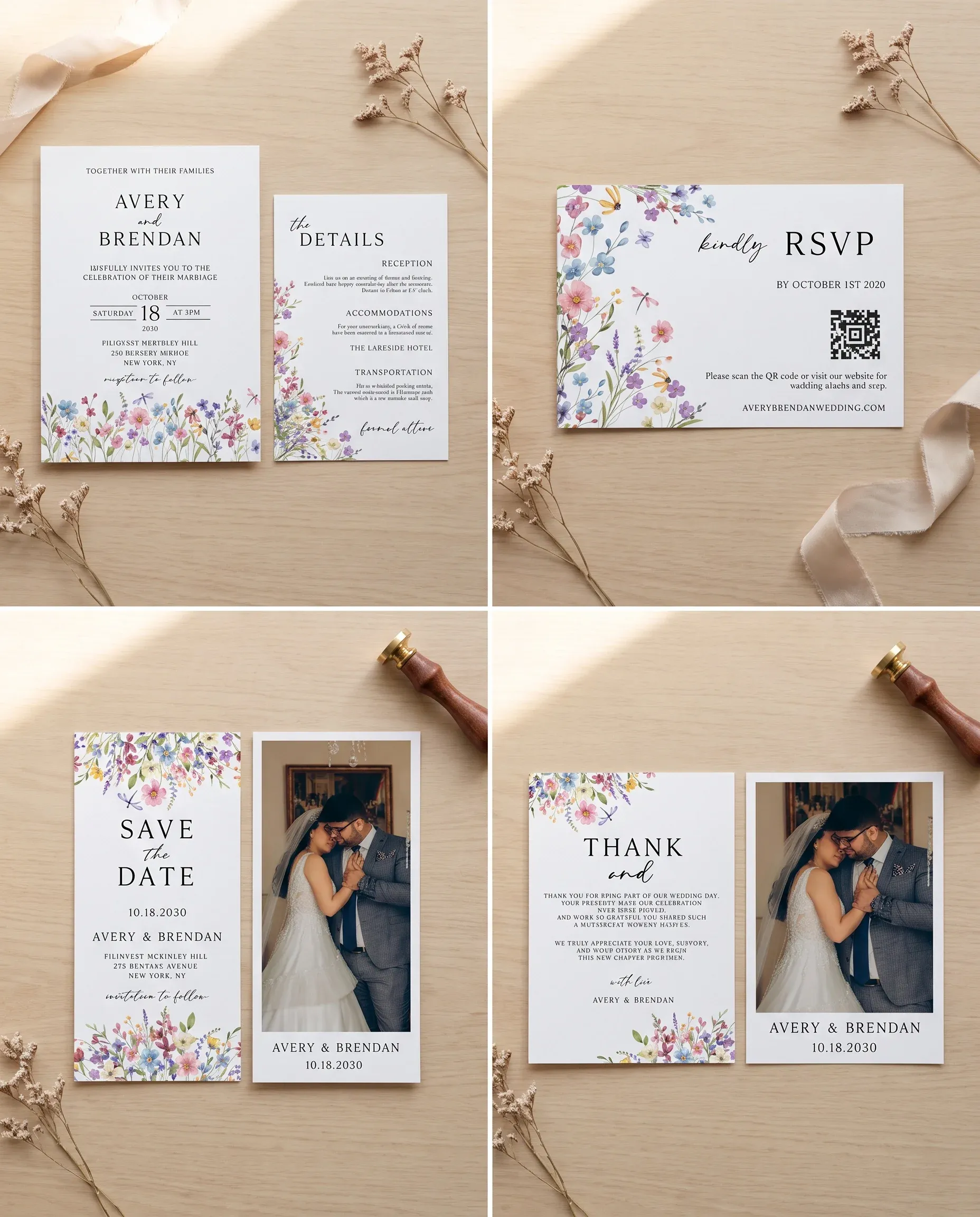 Meadowlark wedding invitation set — Invitation, details card, RSVP, save the date and thank you card shown in a flat lay, wedding invitation suite