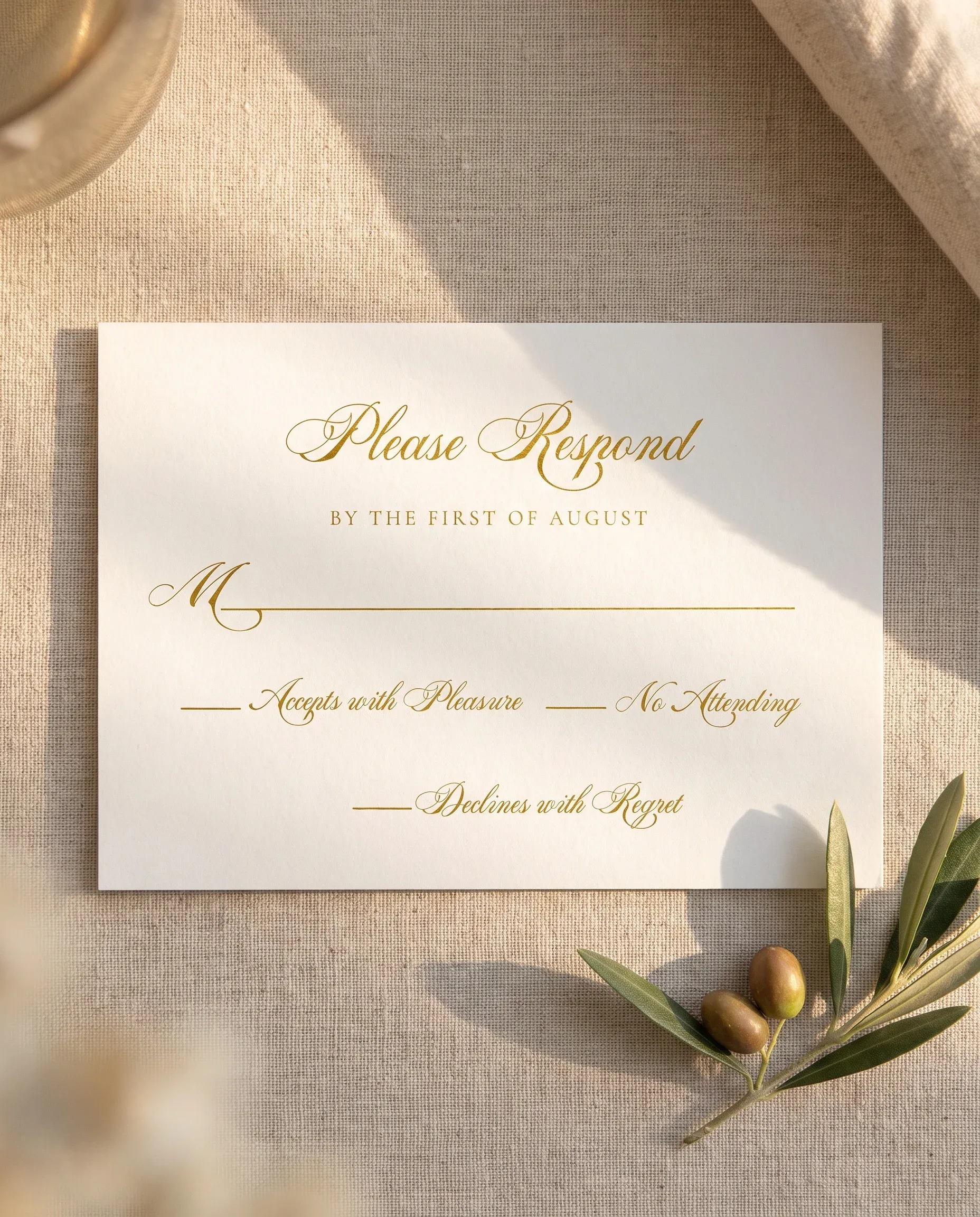 Gilded Arrow wedding invitation suite — RSVP card shown in a flat lay, wedding RSVP cards.