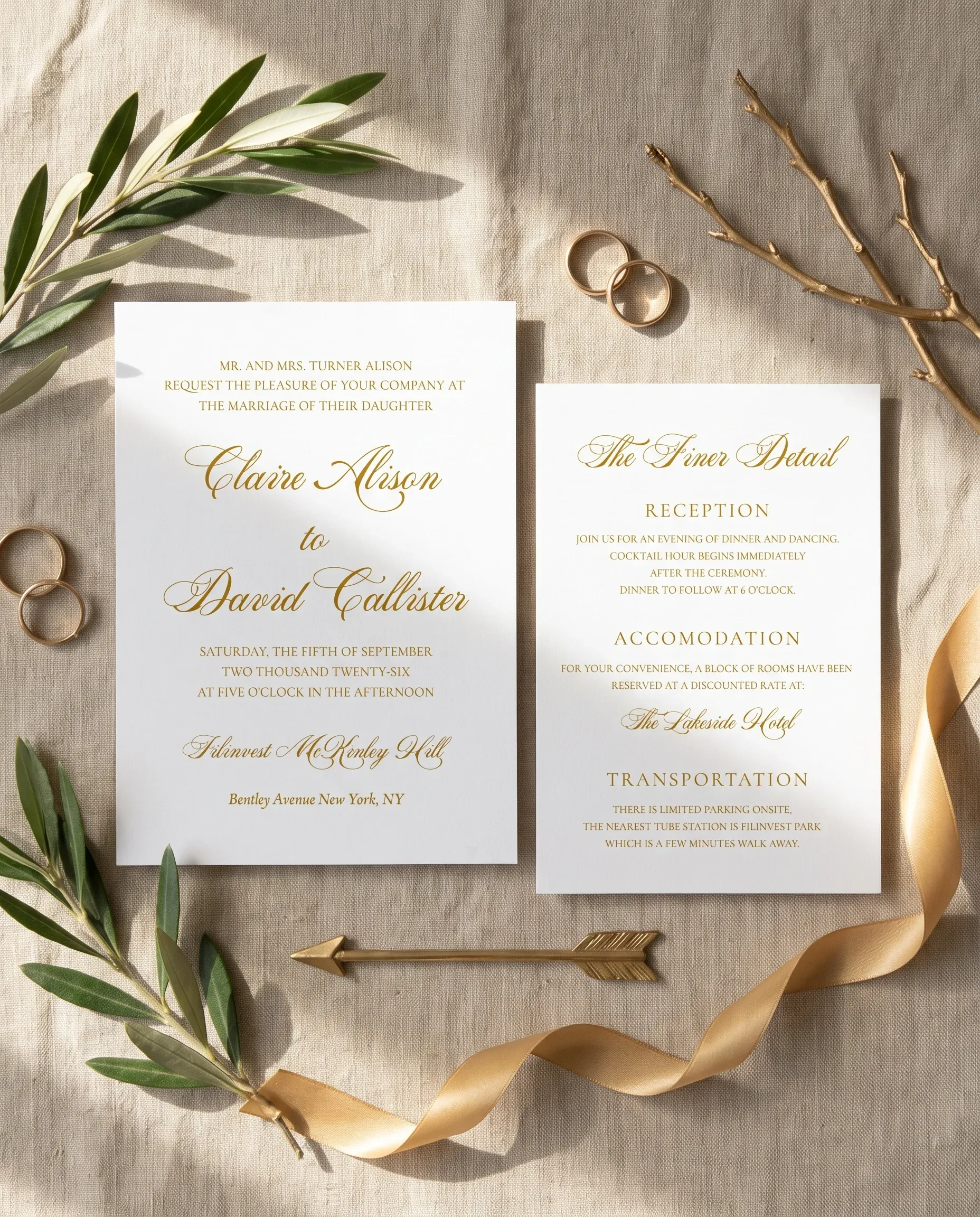 Gilded Arrow wedding invitation suite — invitation and details card shown side by side in a flat lay, wedding details card.