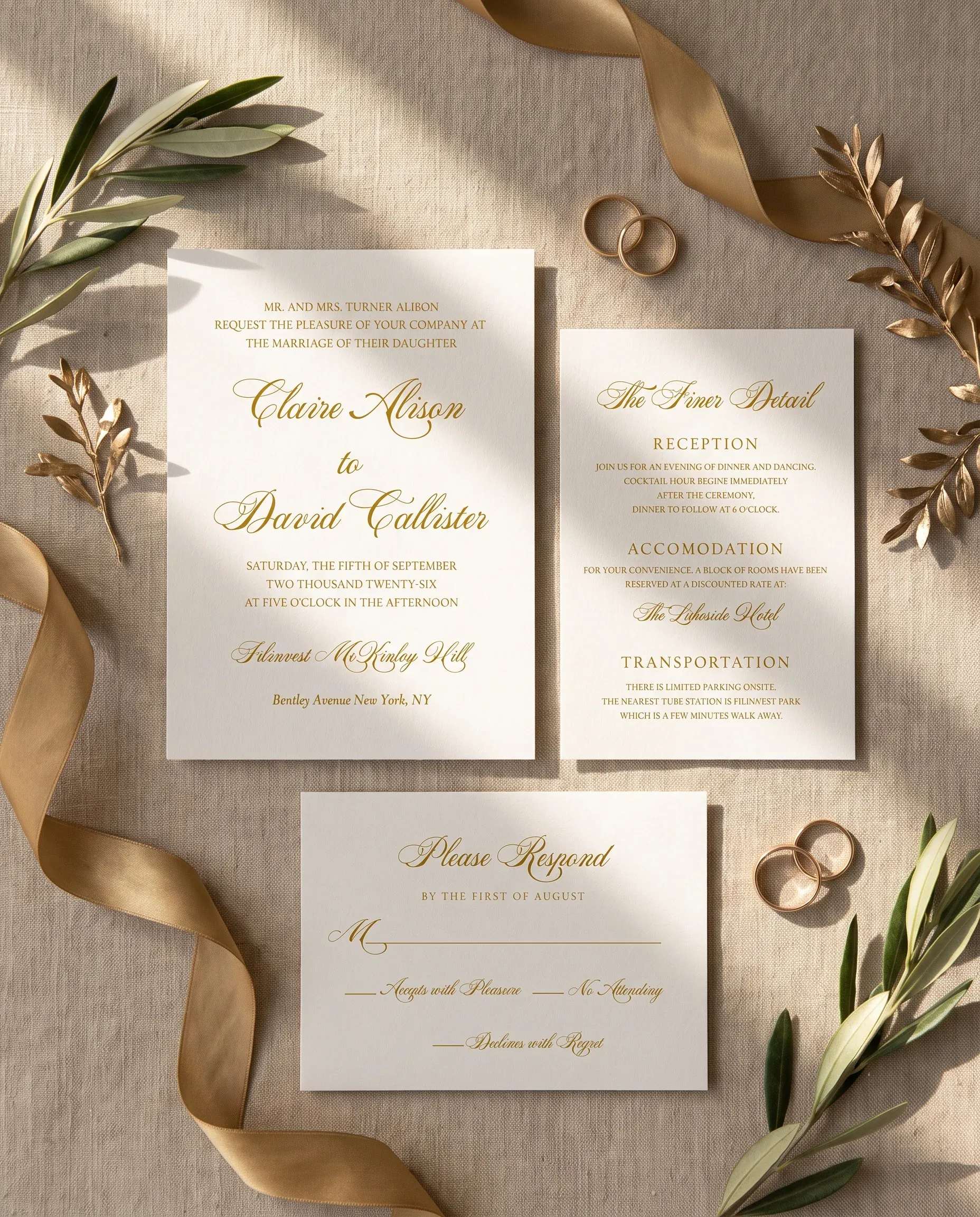Gilded Arrow wedding invitation suite — invitation, details card and RSVP shown in a flat lay, wedding invitation templates.