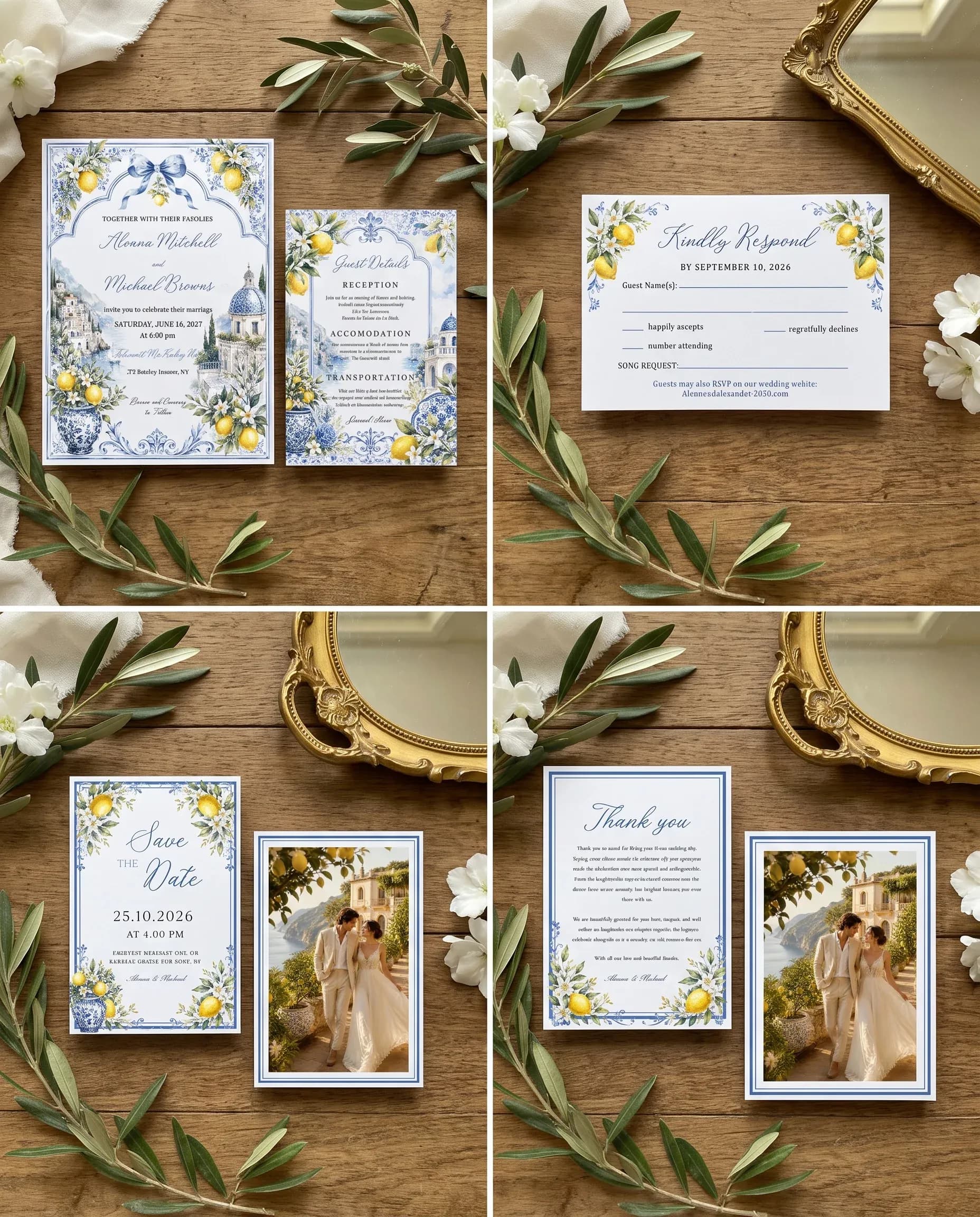 Amalfi Grove wedding invitation set — Invitation, details card, RSVP, save the date and thank you card shown in a flat lay, wedding invitation suite