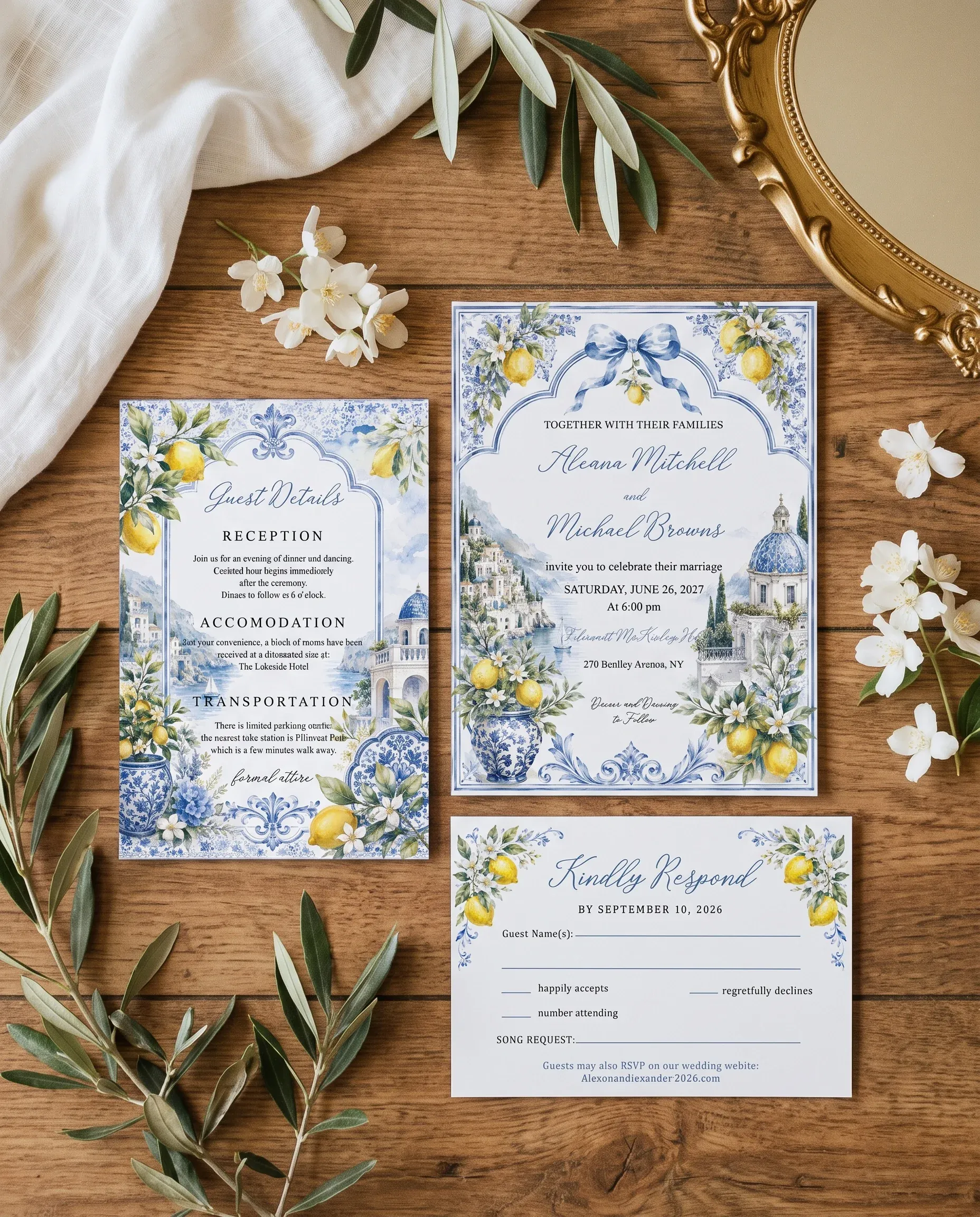 Amalfi Grove wedding invitation set — Invitation, details card and RSVP card shown in a flat lay, printable wedding invitations