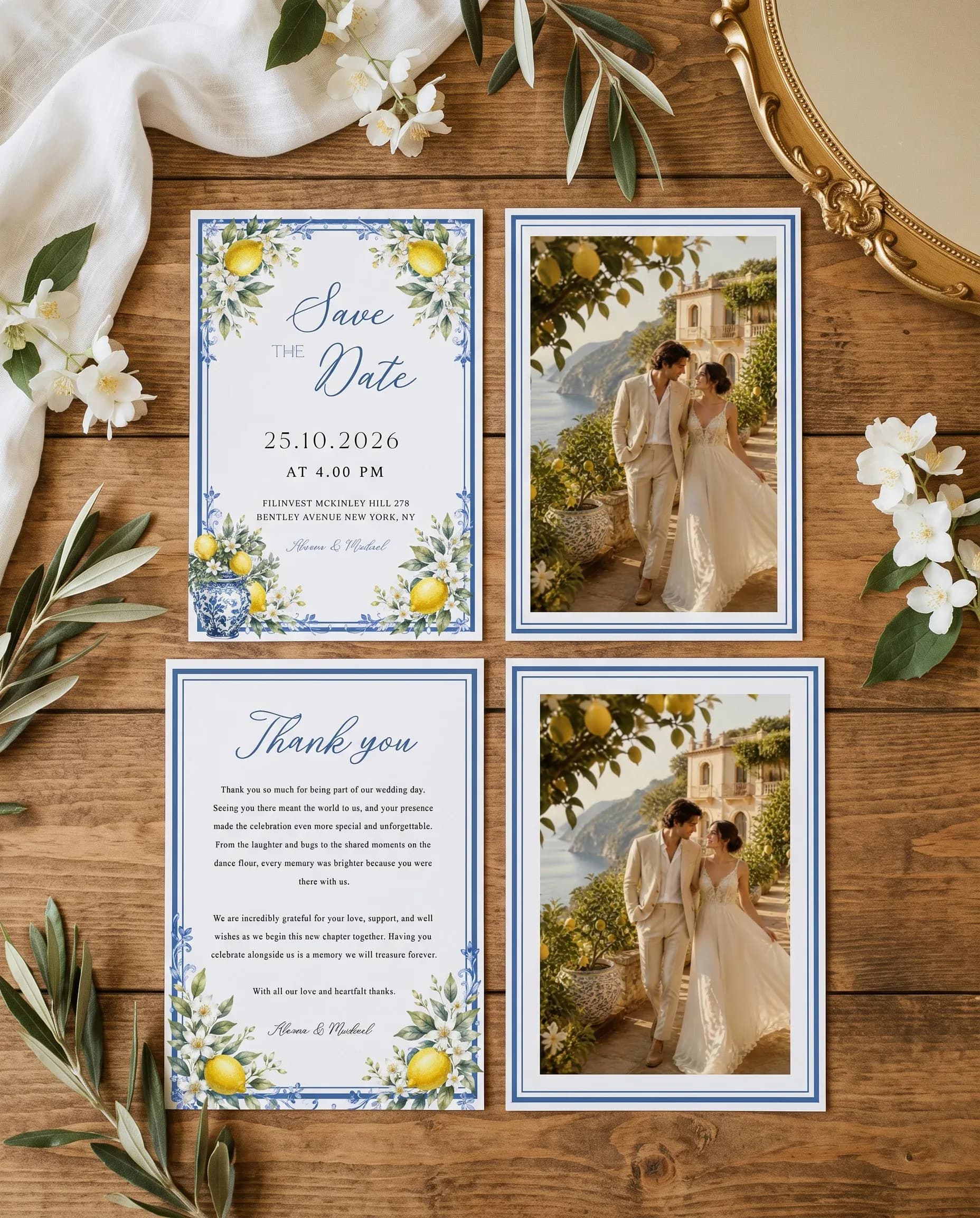 Amalfi Grove wedding invitation set — Save the date and thank you card shown in a flat lay, wedding invitation templates