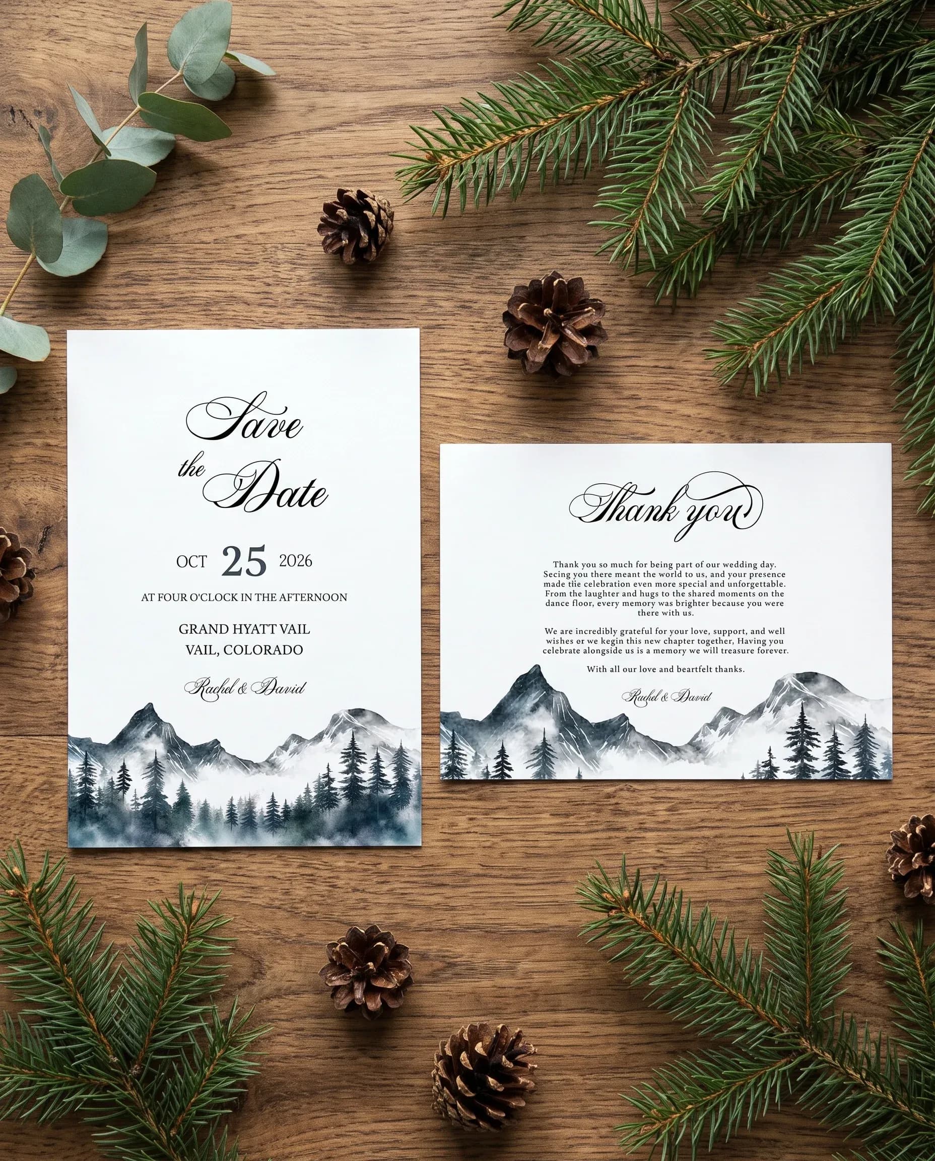 Pinecrest wedding invitation set — Save the date and thank you card shown in a flat lay, wedding invitation templates