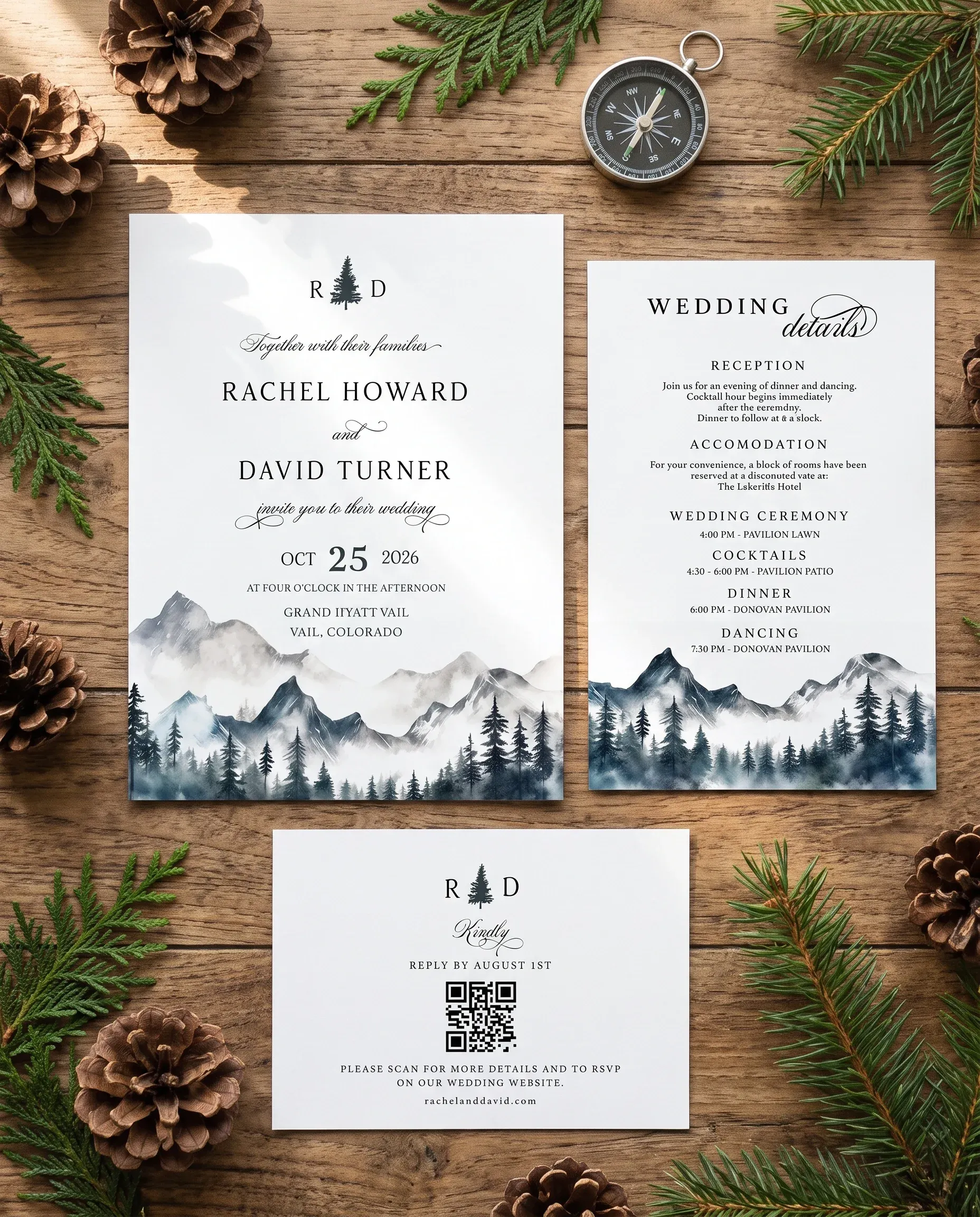 Pinecrest wedding invitation set — Invitation, details card and RSVP card shown in a flat lay, printable wedding invitations