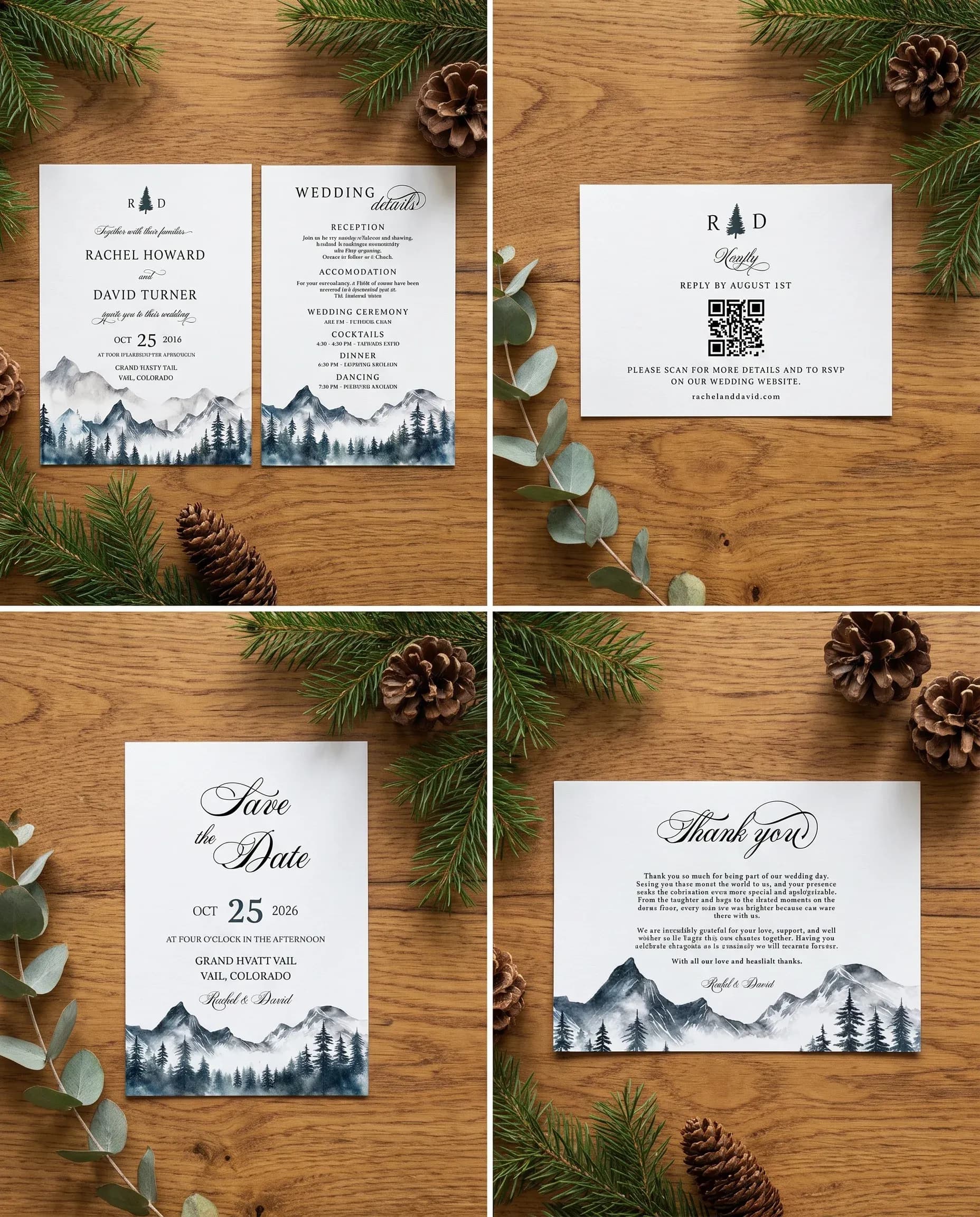 Pinecrest wedding invitation set — Invitation, details card, RSVP, save the date and thank you card shown in a flat lay, wedding invitation suite