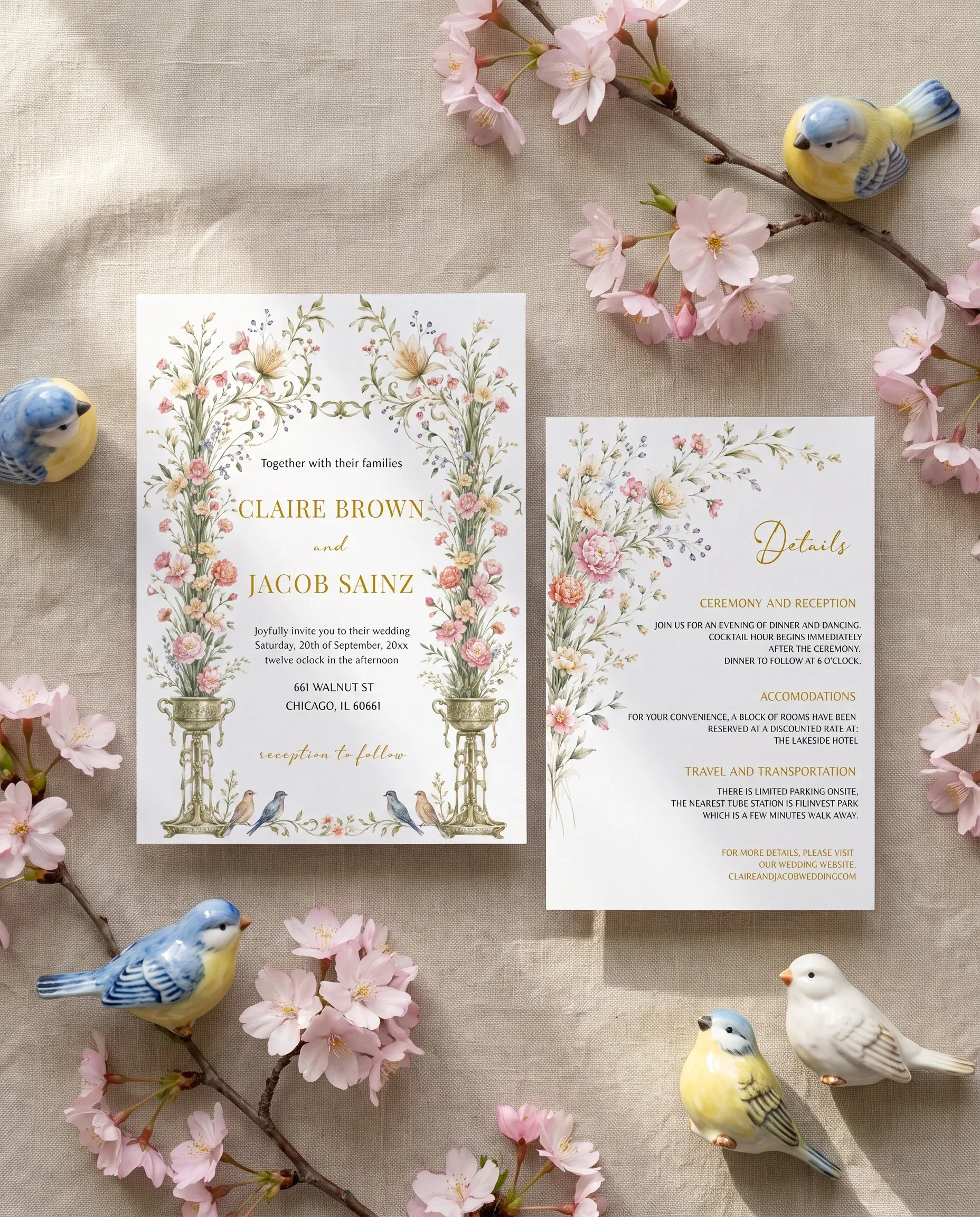 Petal Arbor wedding invitation suite — invitation and details card shown in a flat lay under soft natural light, wedding details card.