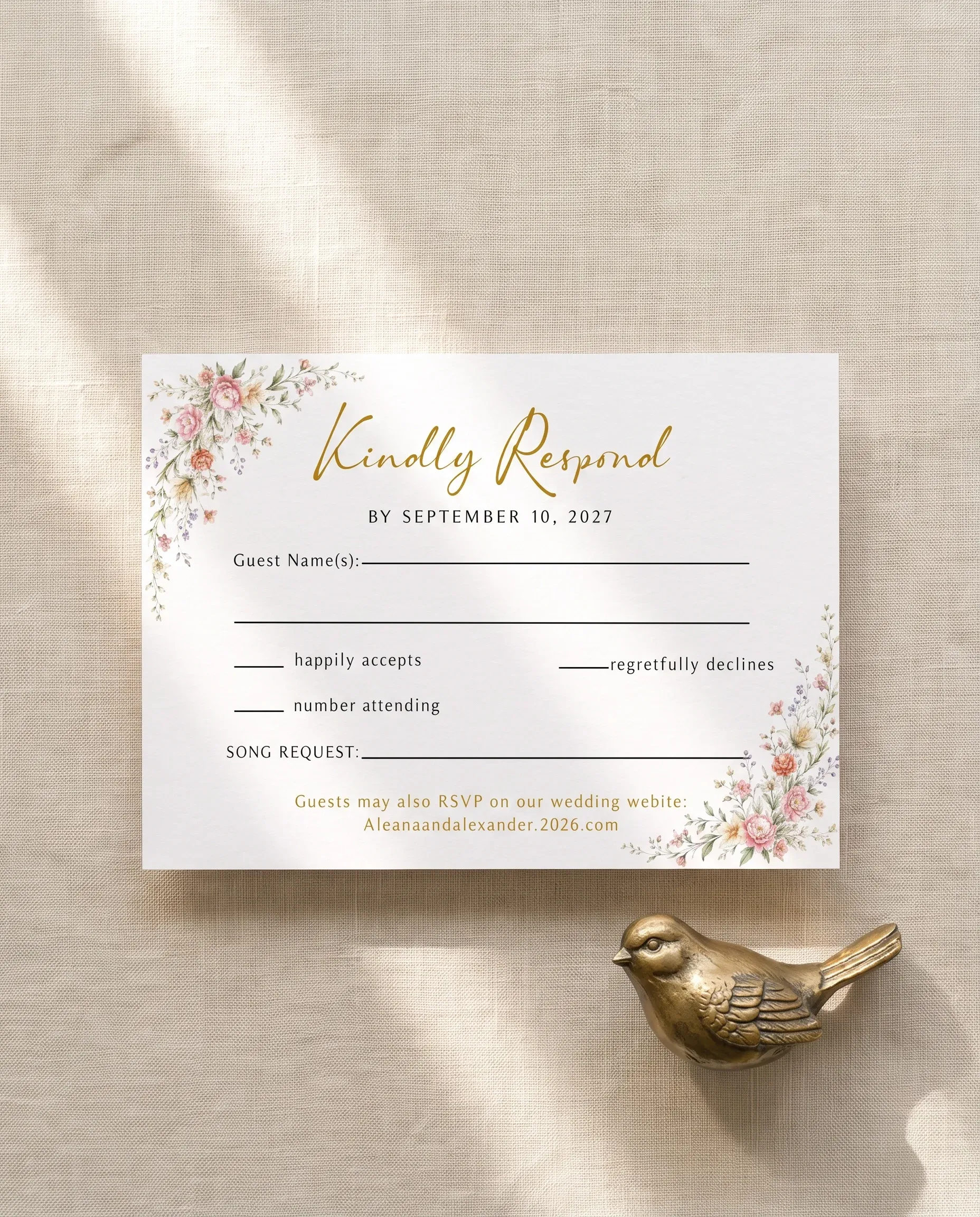Petal Arbor wedding invitation suite — RSVP card shown in a flat lay under soft natural light, wedding RSVP cards