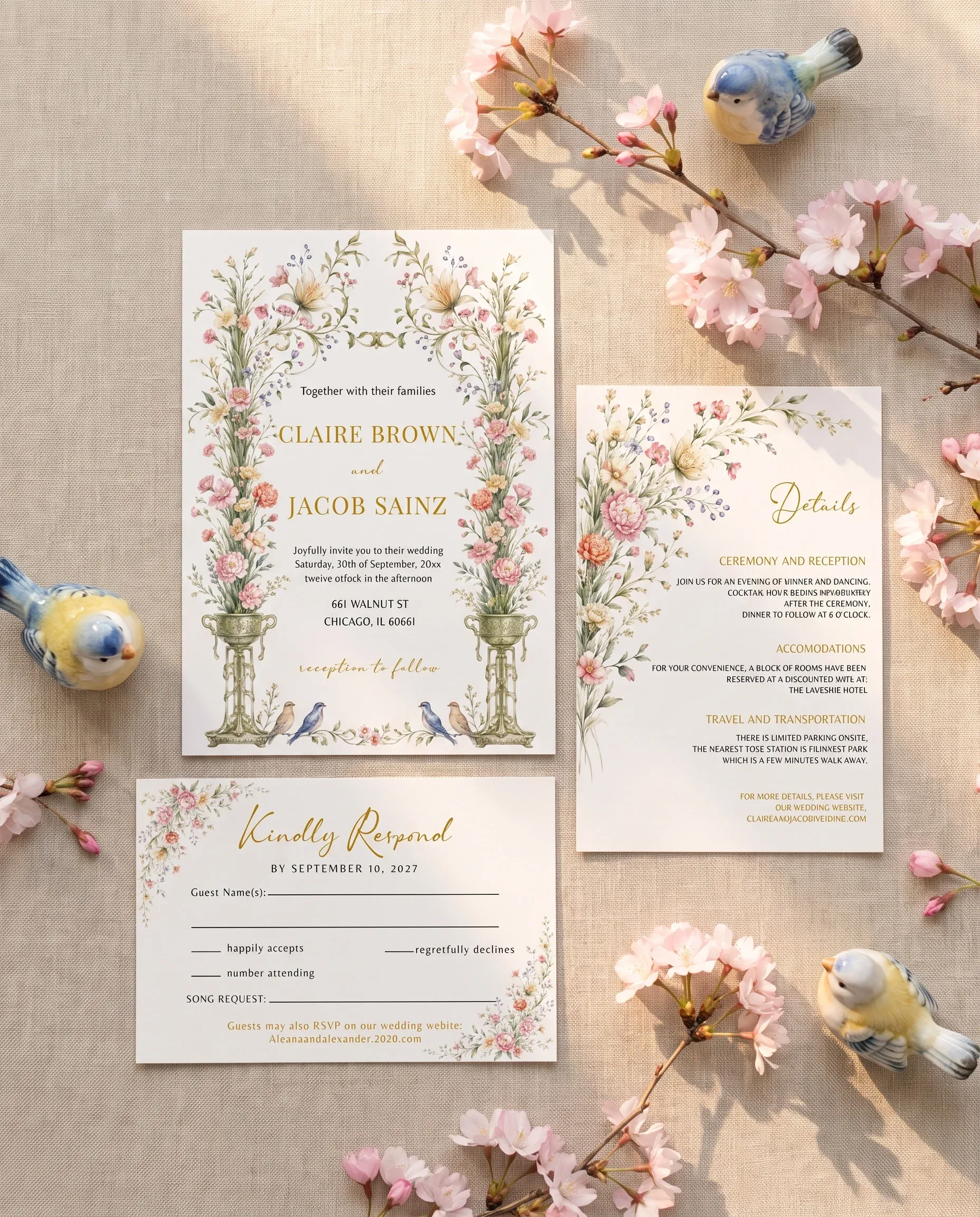 Petal Arbor wedding invitation suite — invitation, details card and RSVP shown in a flat lay on premium editorial paper, wedding invitation templates.
