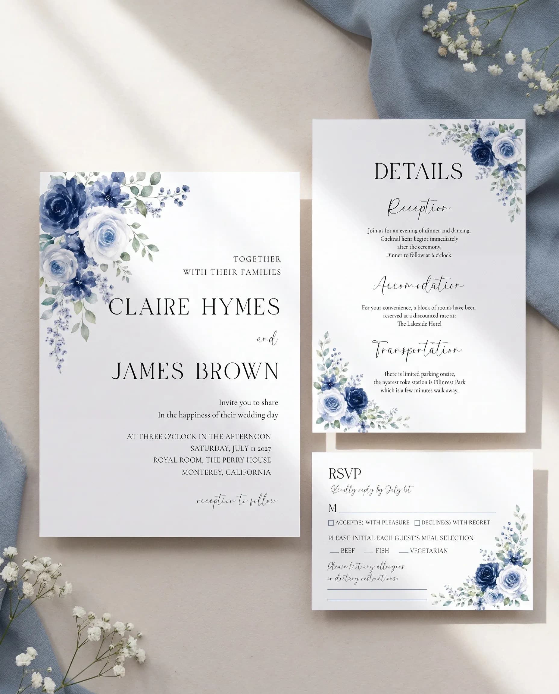 Bluebloom wedding invitation set — Invitation, details card and RSVP card shown in a flat lay, printable wedding invitations