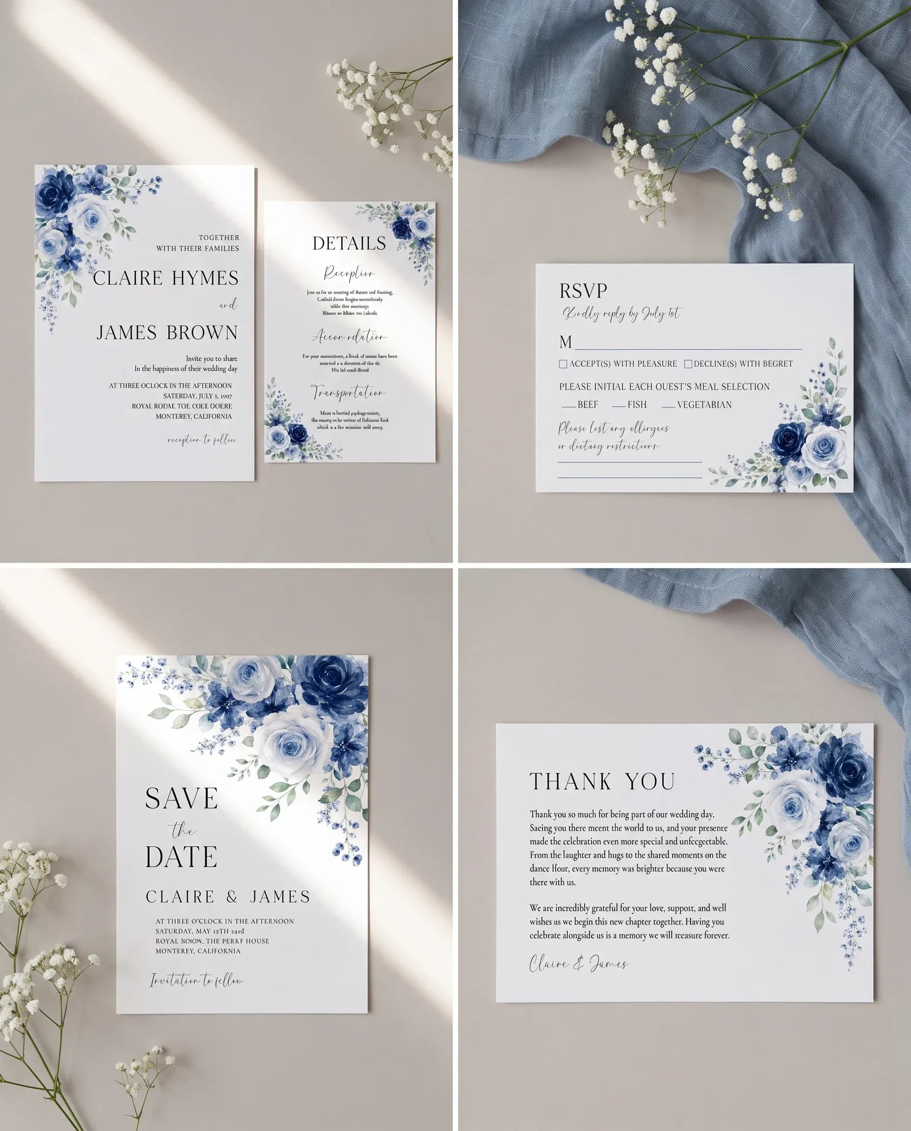 Bluebloom wedding invitation set — Invitation, details card, RSVP, save the date and thank you card shown in a flat lay, wedding invitation suite