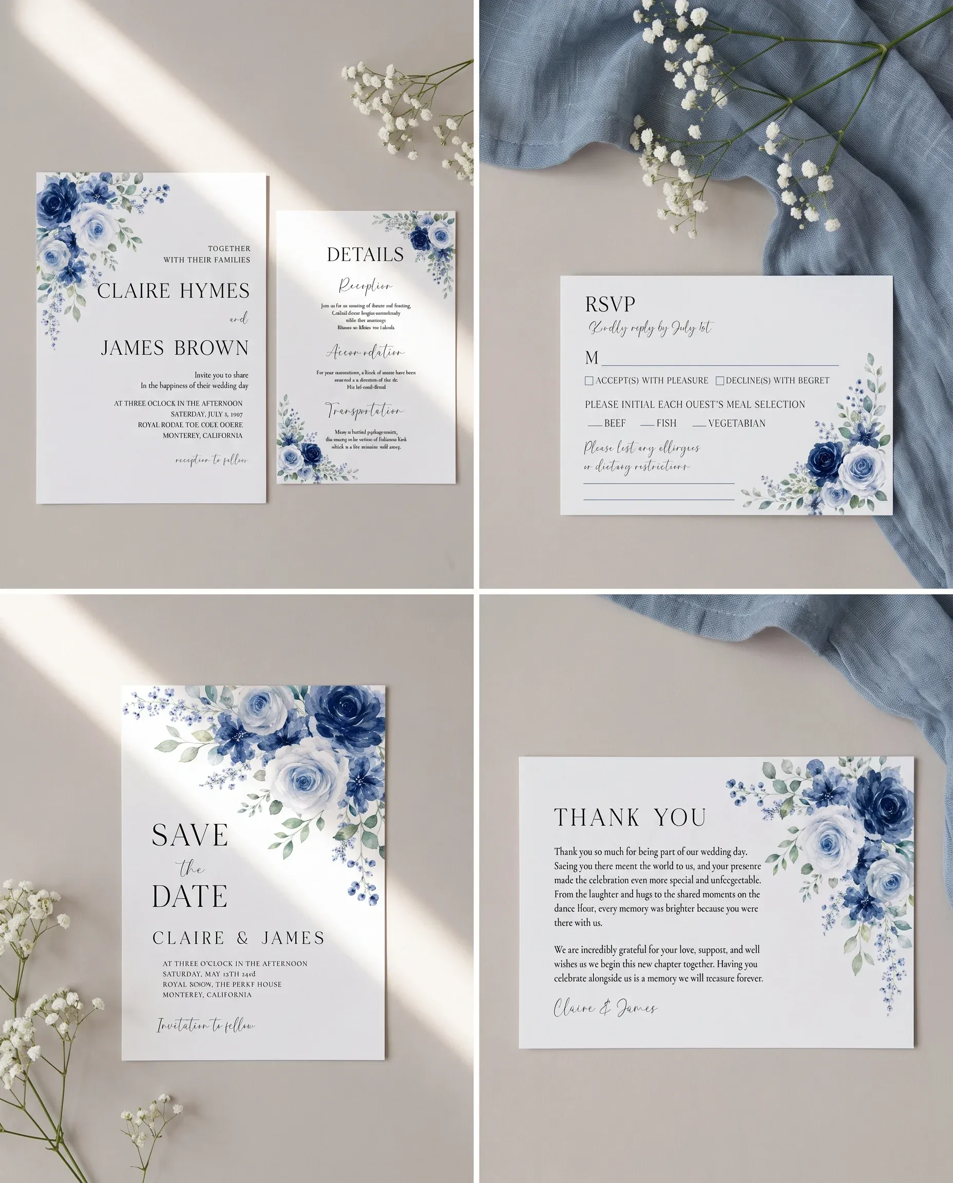 Bluebloom wedding invitation set — Invitation, details card, RSVP, save the date and thank you card shown in a flat lay, wedding invitation suite