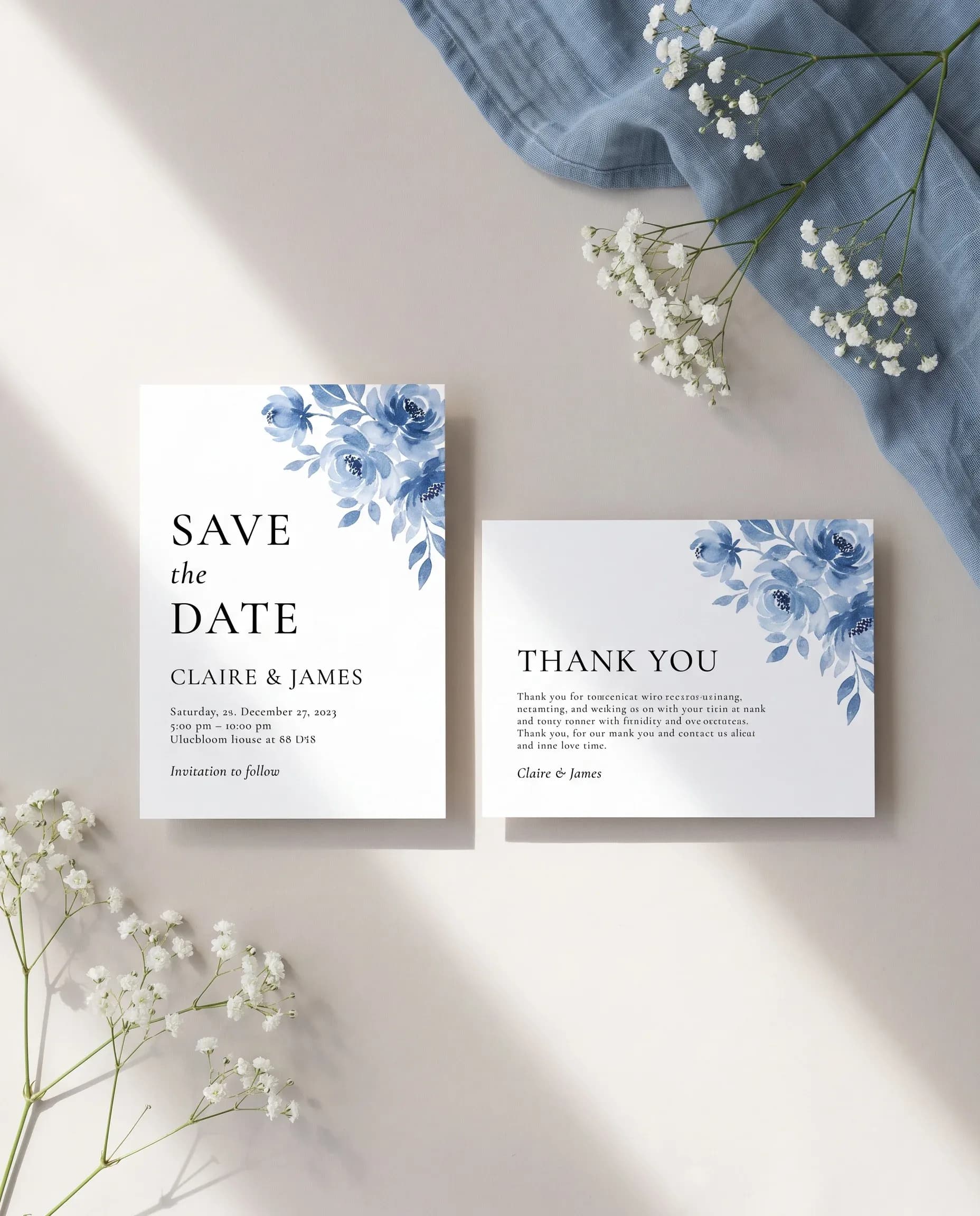 Bluebloom wedding invitation set — Save the date and thank you card shown in a flat lay, wedding invitation templates