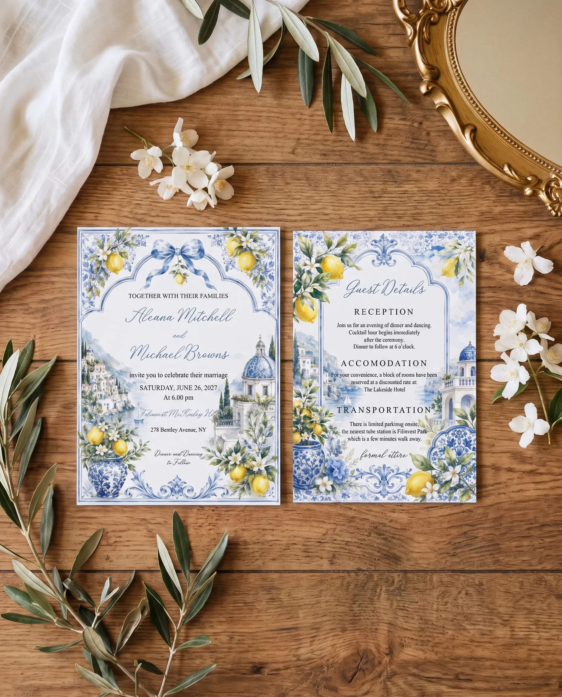 Amalfi Grove wedding invitation suite — invitation and details card arranged together in a flat lay, wedding details card.