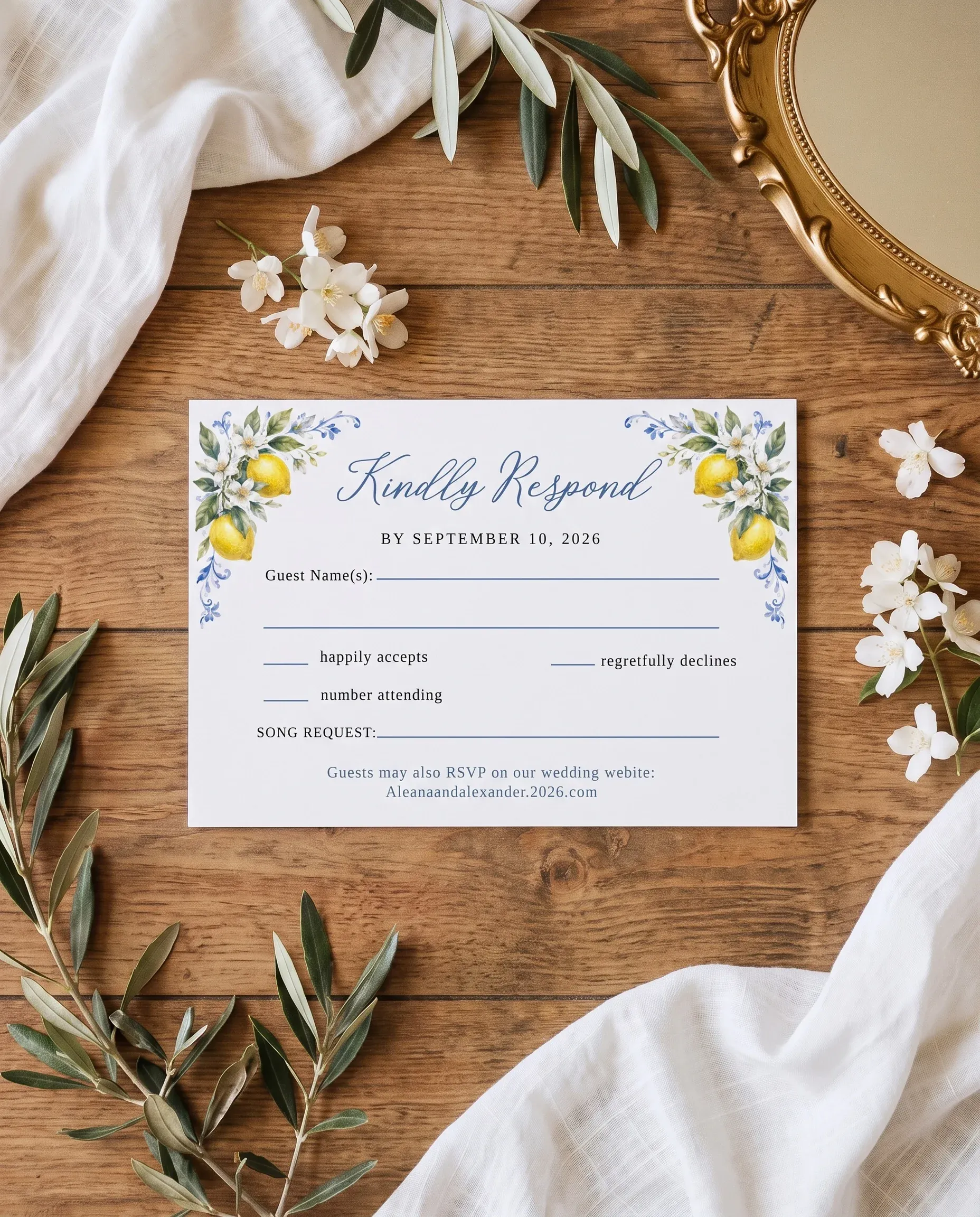 Amalfi Grove wedding invitation suite — RSVP card shown in a flat lay, wedding RSVP cards.