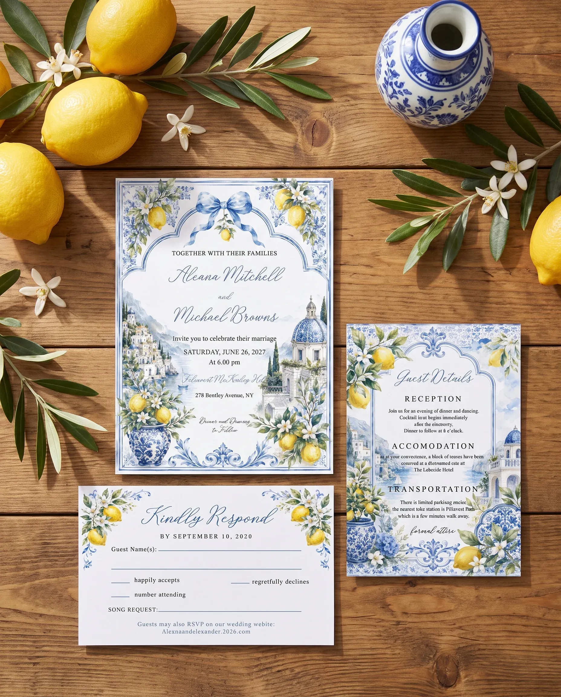 Amalfi Grove wedding invitation suite — invitation, details card and RSVP shown in a flat lay under soft natural light, wedding invitation templates.