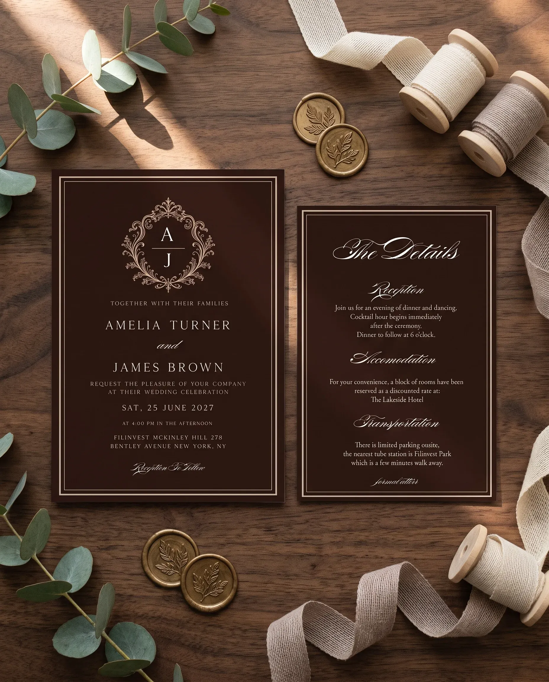 Velour wedding invitation suite — invitation and details card arranged in a flat lay under soft natural light, wedding details card.