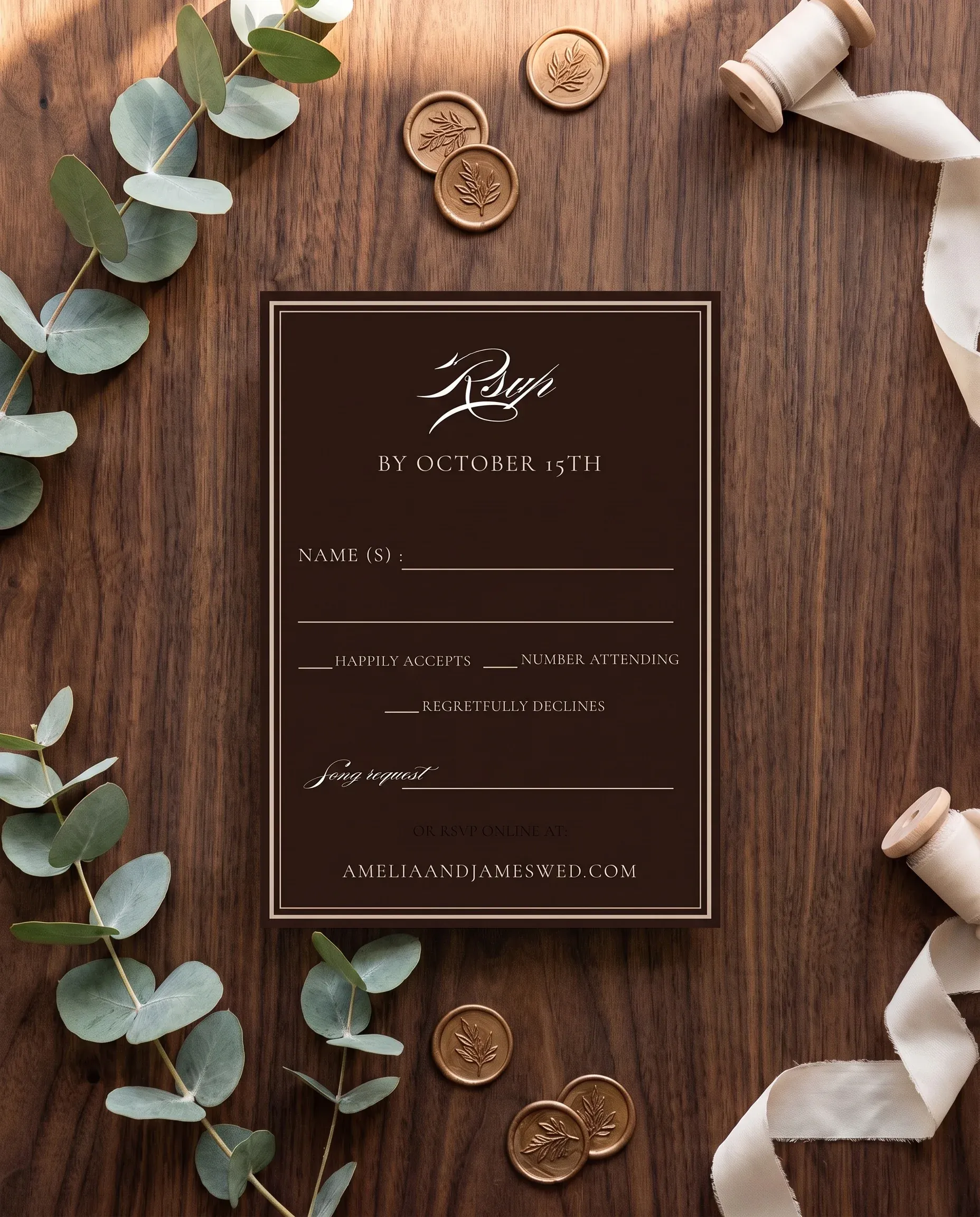 Velour wedding invitation suite — RSVP card shown in a flat lay on premium editorial paper under soft natural light, wedding RSVP cards.