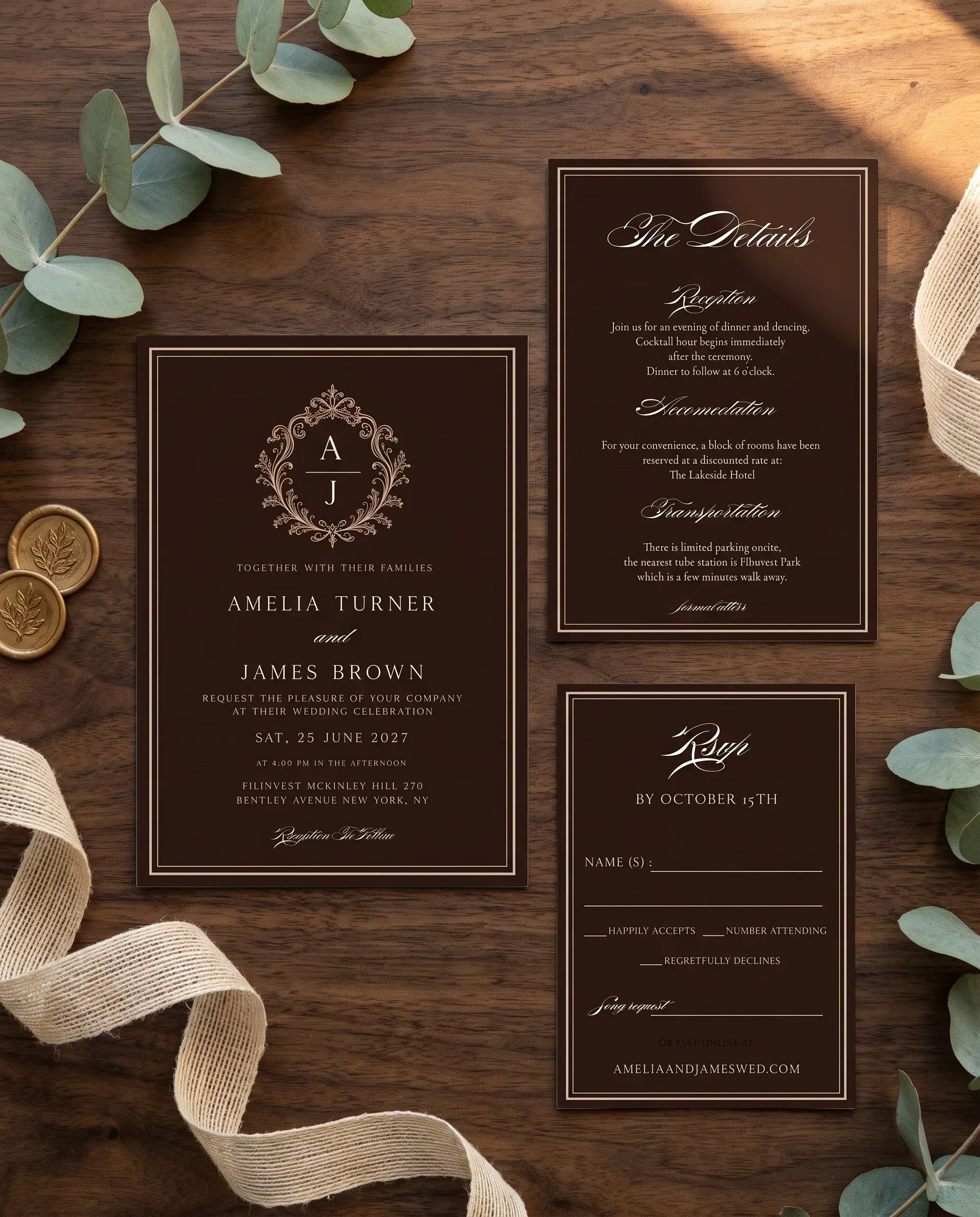 Velour wedding invitation suite — invitation, details card and RSVP shown in a flat lay, wedding invitation templates.
