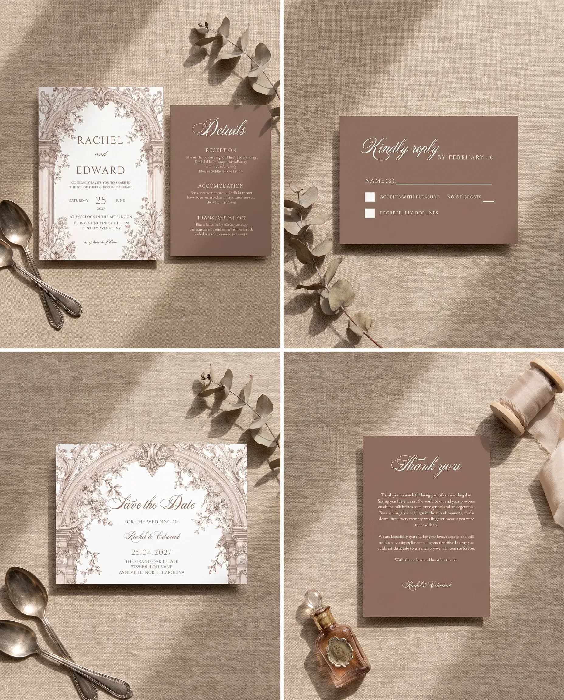 Hinge Script wedding invitation set — Invitation, details card, RSVP, save the date and thank you card shown in a flat lay, wedding invitation suite