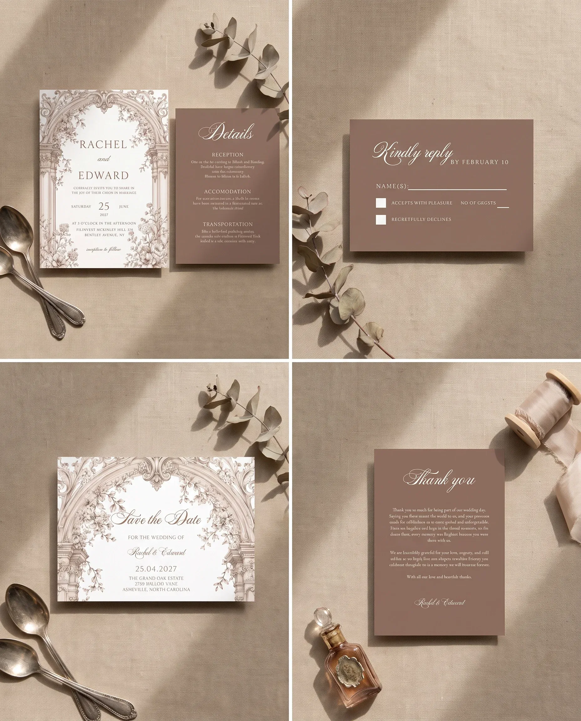 Hinge Script wedding invitation set — Invitation, details card, RSVP, save the date and thank you card shown in a flat lay, wedding invitation suite