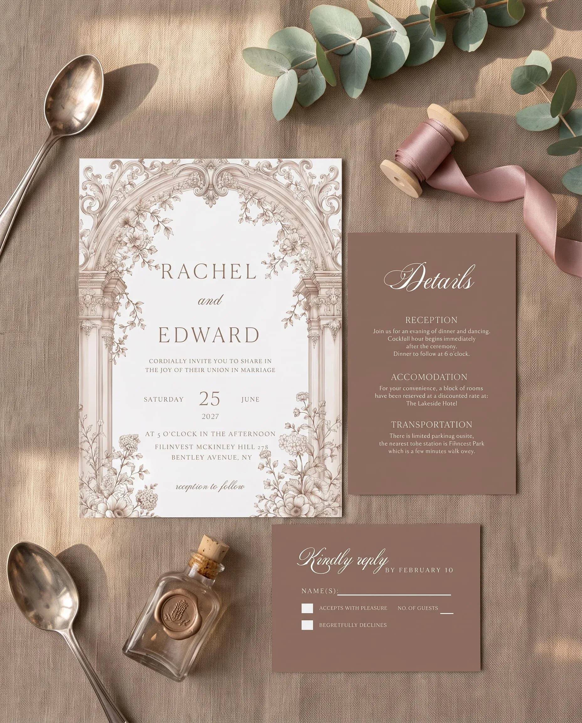 Hinge Script wedding invitation set — Invitation, details card and RSVP card shown in a flat lay, printable wedding invitations