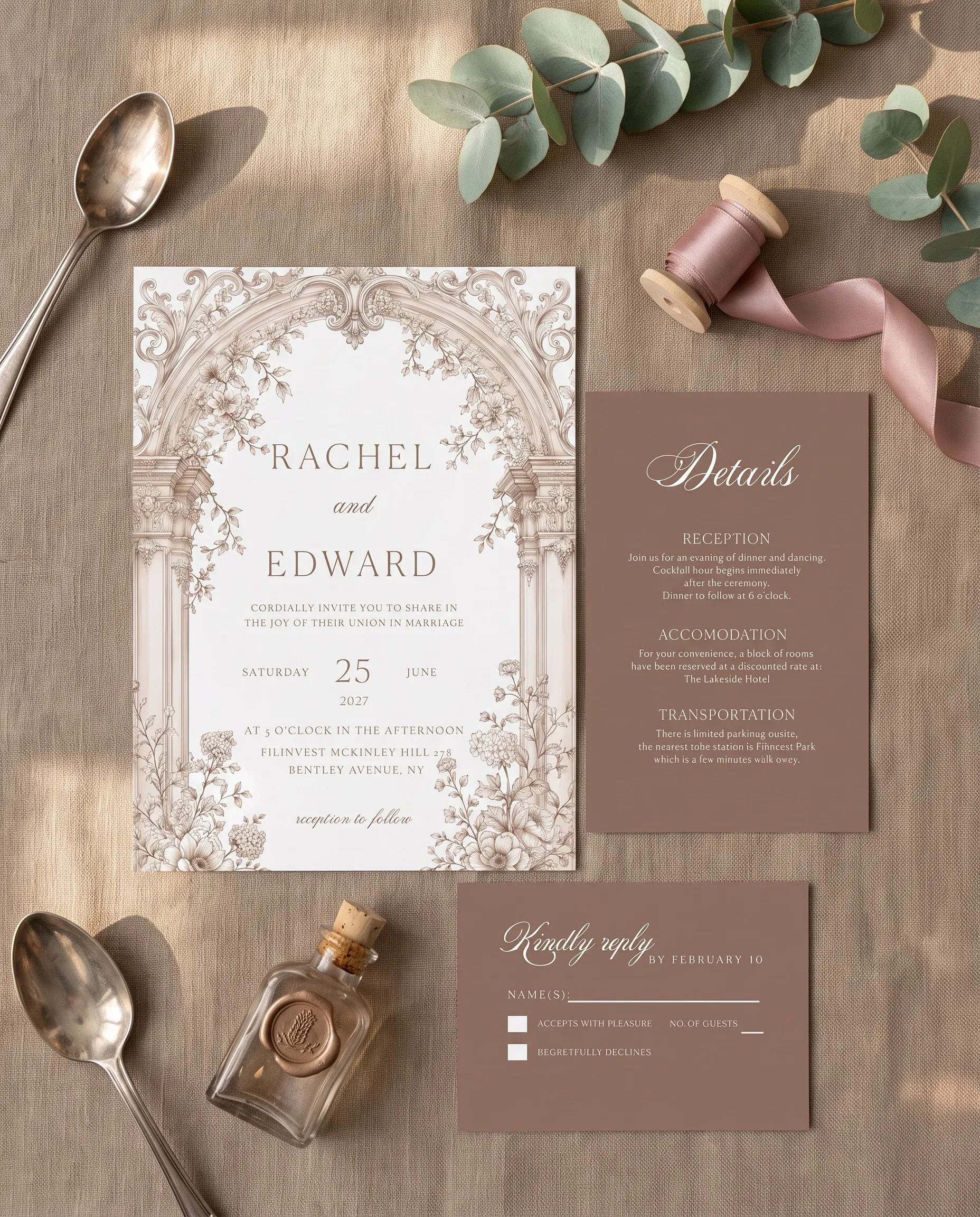 Hinge Script wedding invitation set — Invitation, details card and RSVP card shown in a flat lay, printable wedding invitations