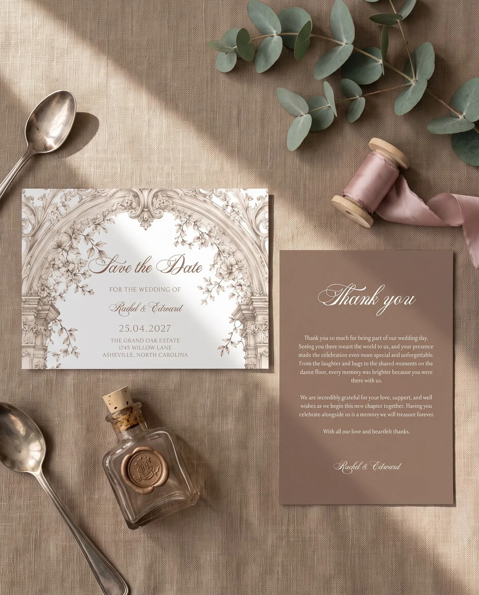 Hinge Script wedding invitation set — Save the date and thank you card shown in a flat lay, wedding invitation templates