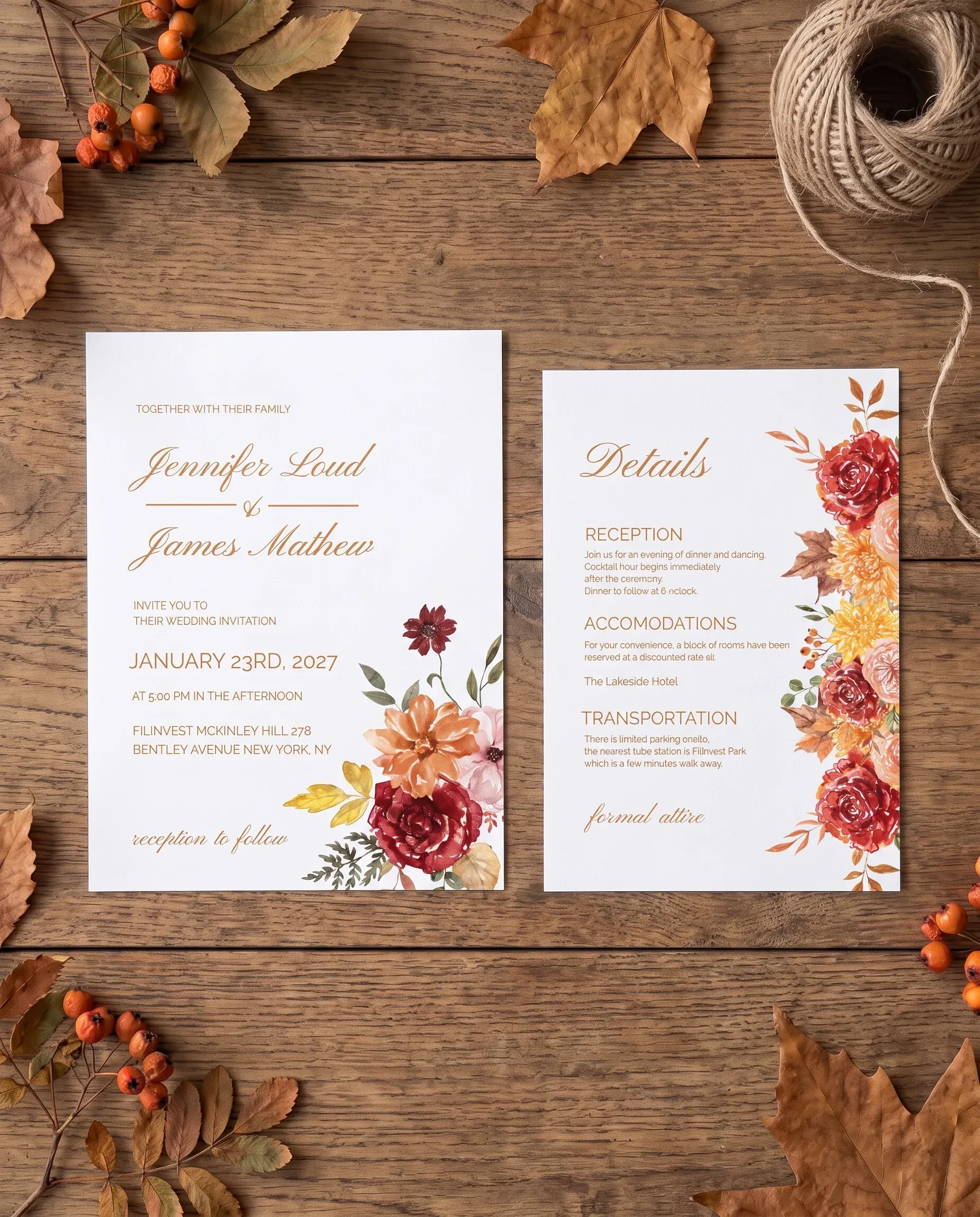Ember Bloom wedding invitation suite — invitation and details card shown in a flat lay under soft natural light, wedding details card.