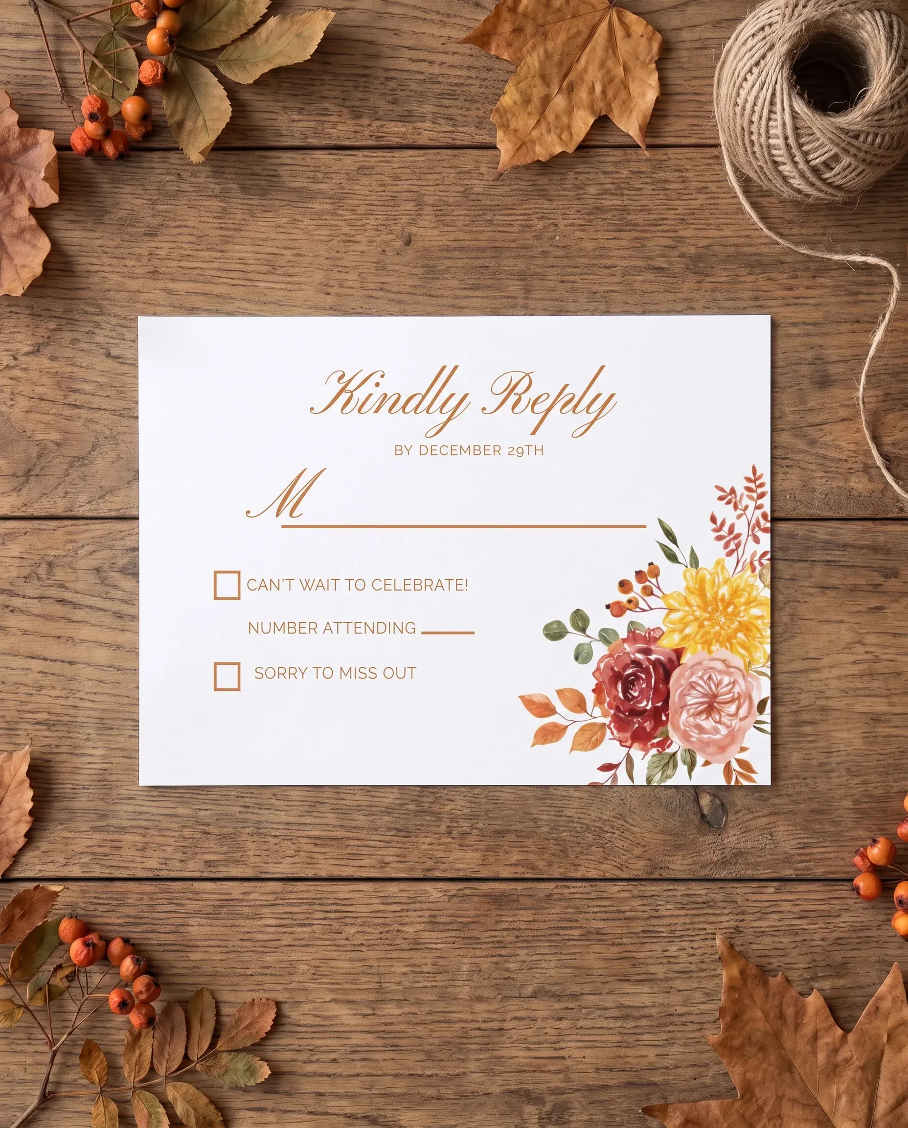 Ember Bloom wedding invitation suite — RSVP card shown in a flat lay, with soft overhead light on premium editorial paper, wedding RSVP cards.