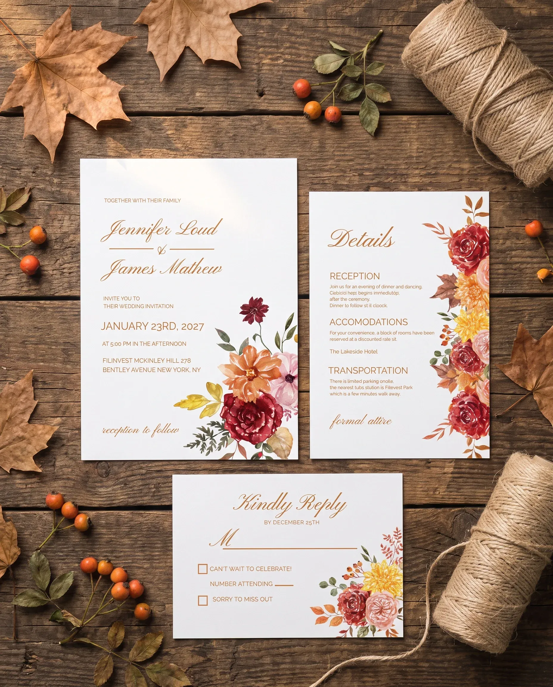 Ember Bloom wedding invitation suite — invitation, details card and RSVP shown in a flat lay under soft natural light, wedding invitation templates.