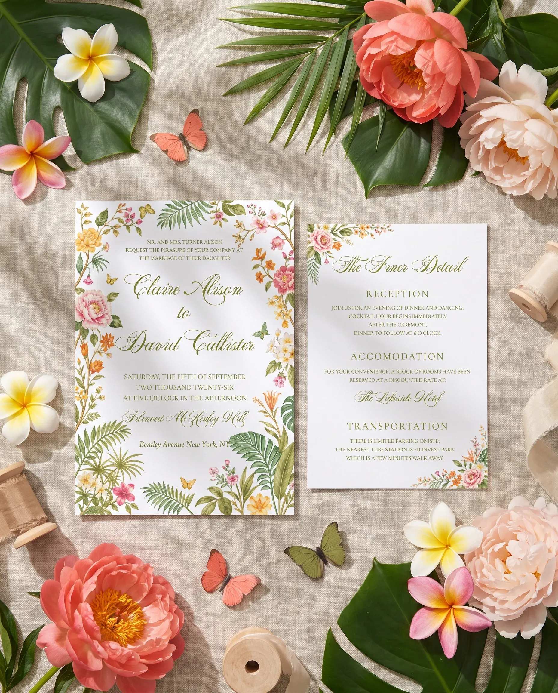 Plumeria Peony wedding invitation suite — invitation and details card shown in a flat lay with soft natural light, wedding details card.