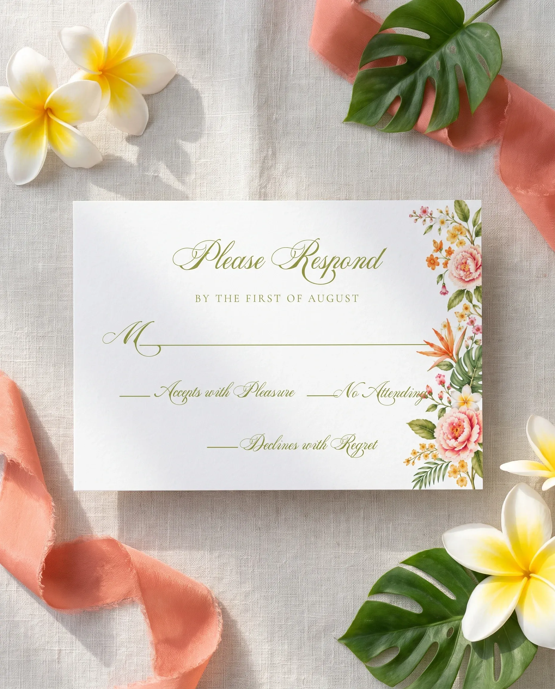 Plumeria Peony wedding invitation suite — RSVP card shown in a flat lay, wedding RSVP cards.