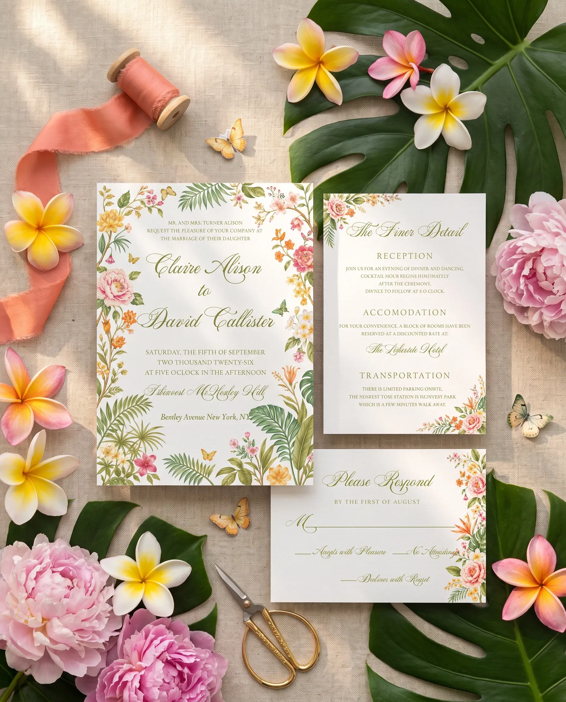 Plumeria Peony wedding invitation suite — invitation, details card and RSVP shown in a flat lay, wedding invitation templates.
