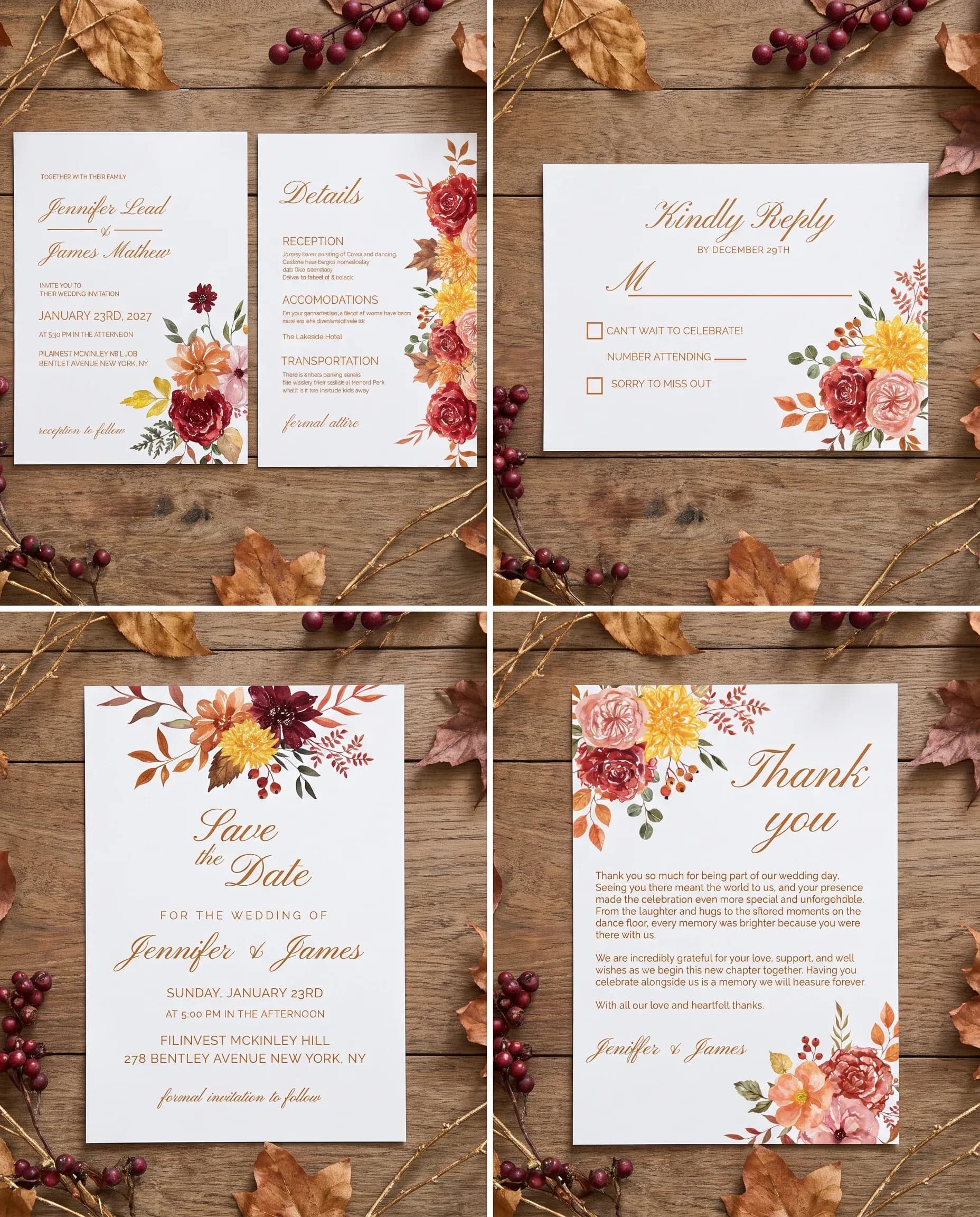 Ember Bloom wedding invitation set — five-page suite with invitation, details card, RSVP, save the date, and thank you card, printable wedding stationery template