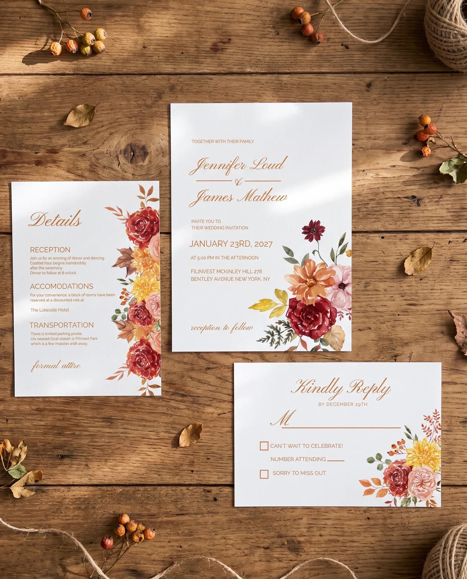 Ember Bloom wedding invitation set — invitation, details card, and RSVP card, printable wedding stationery template