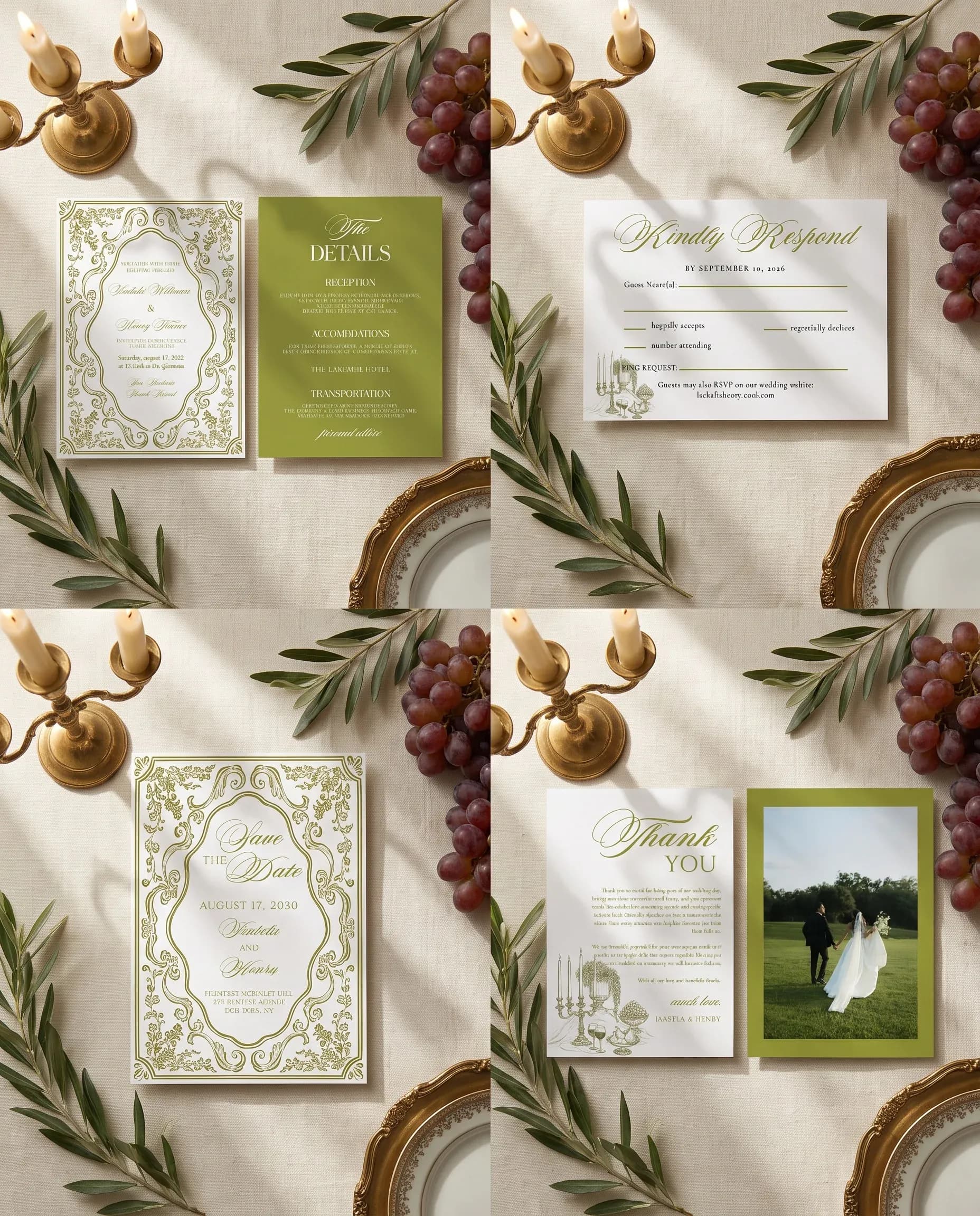 Olive Baroque wedding invitation set — Invitation, details card, RSVP, save the date and thank you card shown in a flat lay, wedding invitation suite