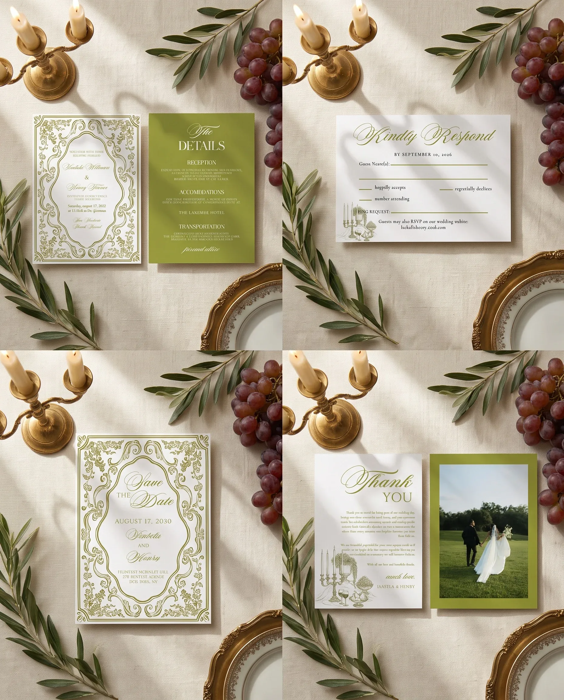 Olive Baroque wedding invitation set — Invitation, details card, RSVP, save the date and thank you card shown in a flat lay, wedding invitation suite