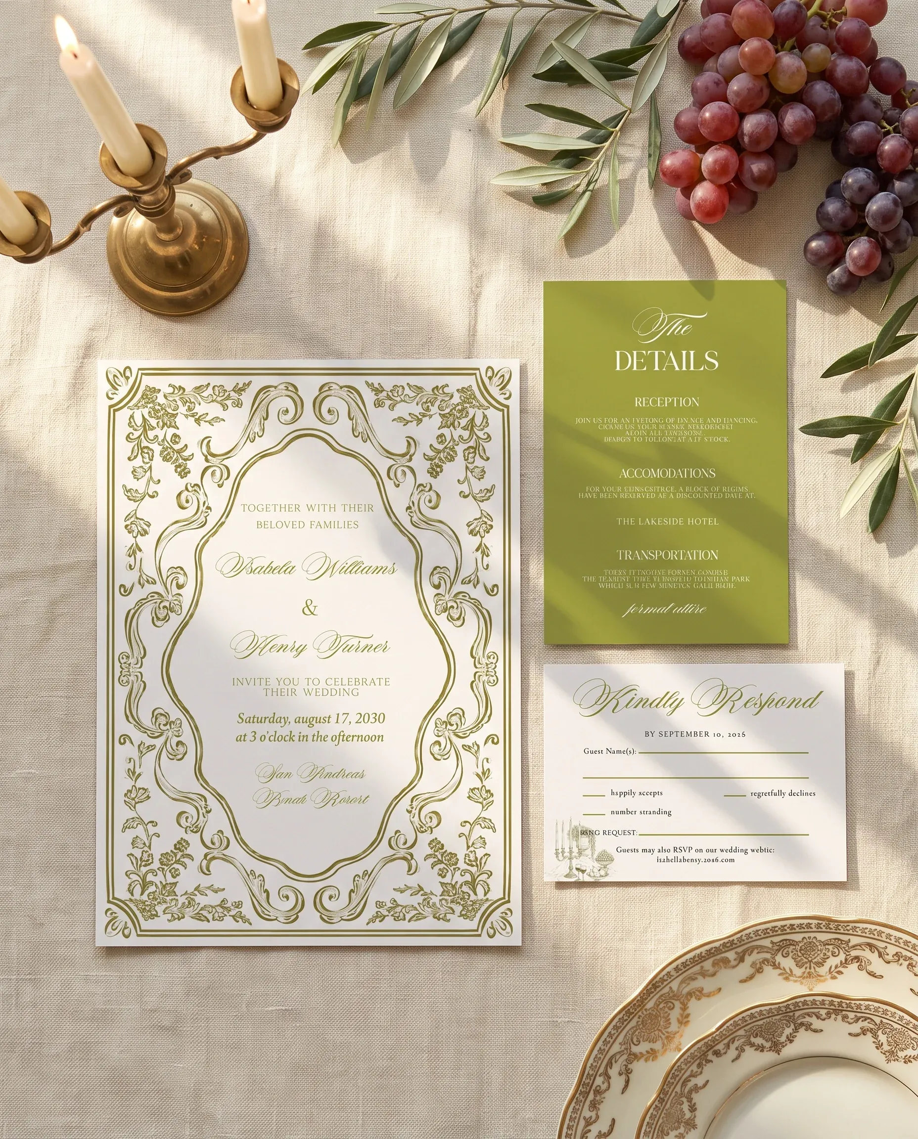 Olive Baroque wedding invitation set — Invitation, details card and RSVP card shown in a flat lay, printable wedding invitations