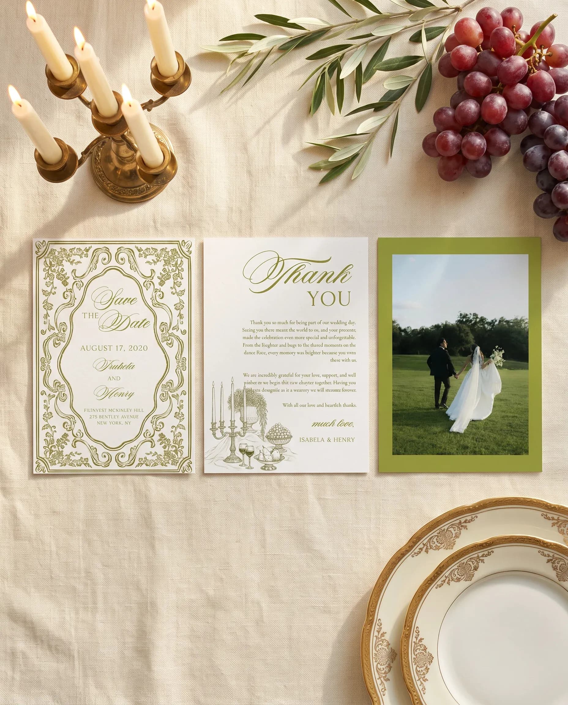 Olive Baroque wedding invitation set — Save the date and thank you card shown in a flat lay, wedding invitation templates