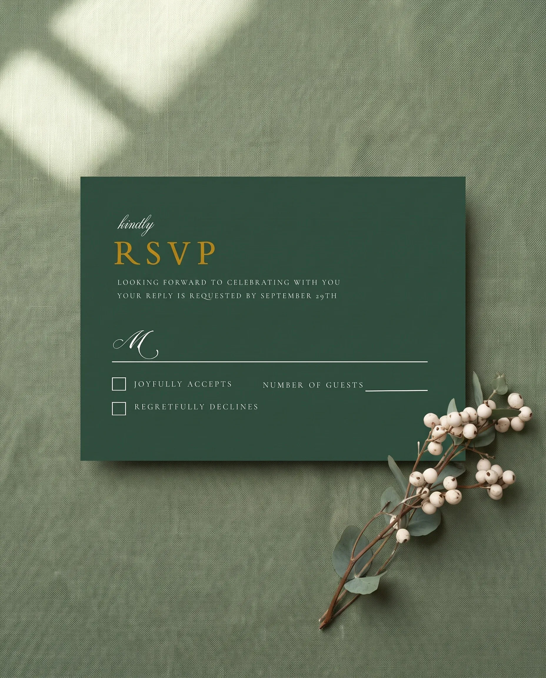 Gilded Foliage wedding invitation suite — RSVP card shown in a flat lay, wedding RSVP cards.