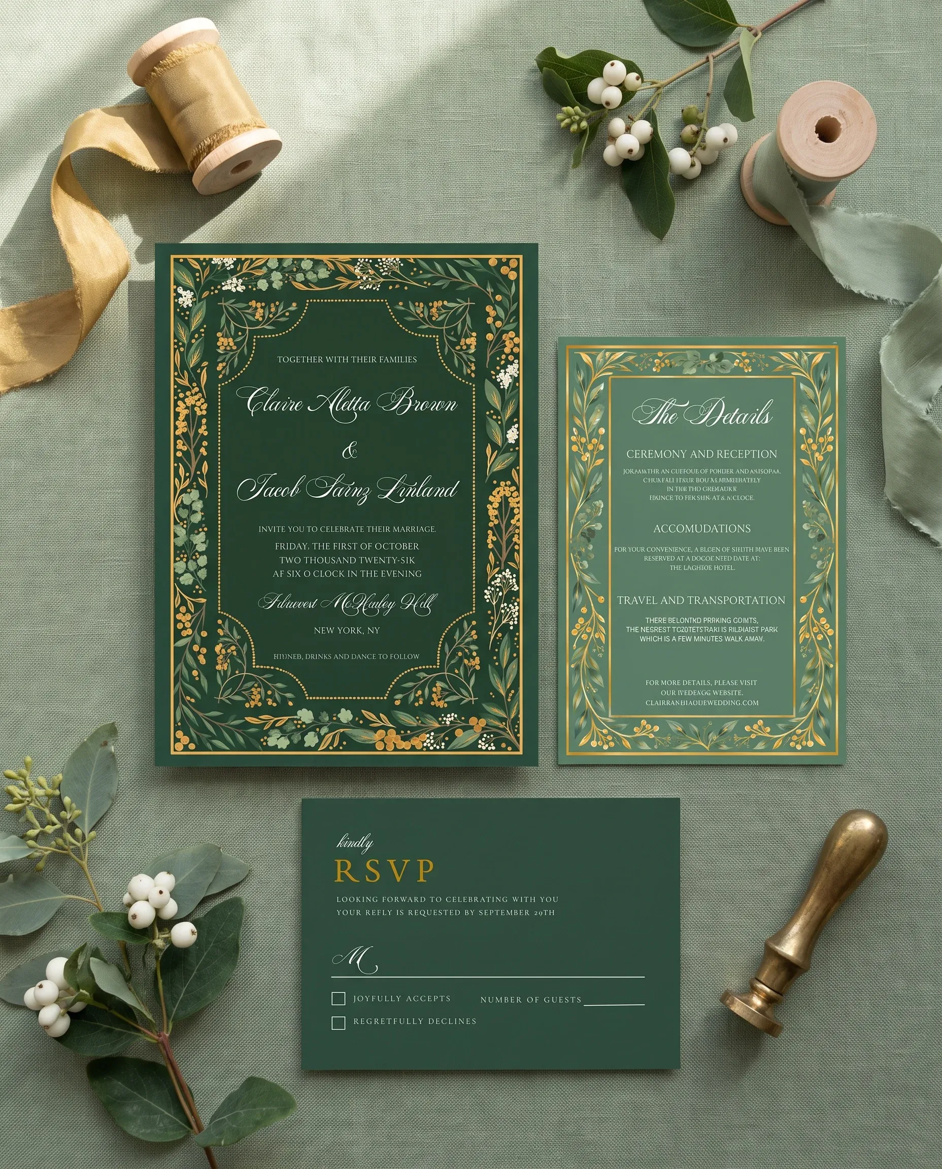 Gilded Foliage wedding invitation suite — invitation, details card and RSVP shown in a flat lay with soft natural light, wedding invitation templates.